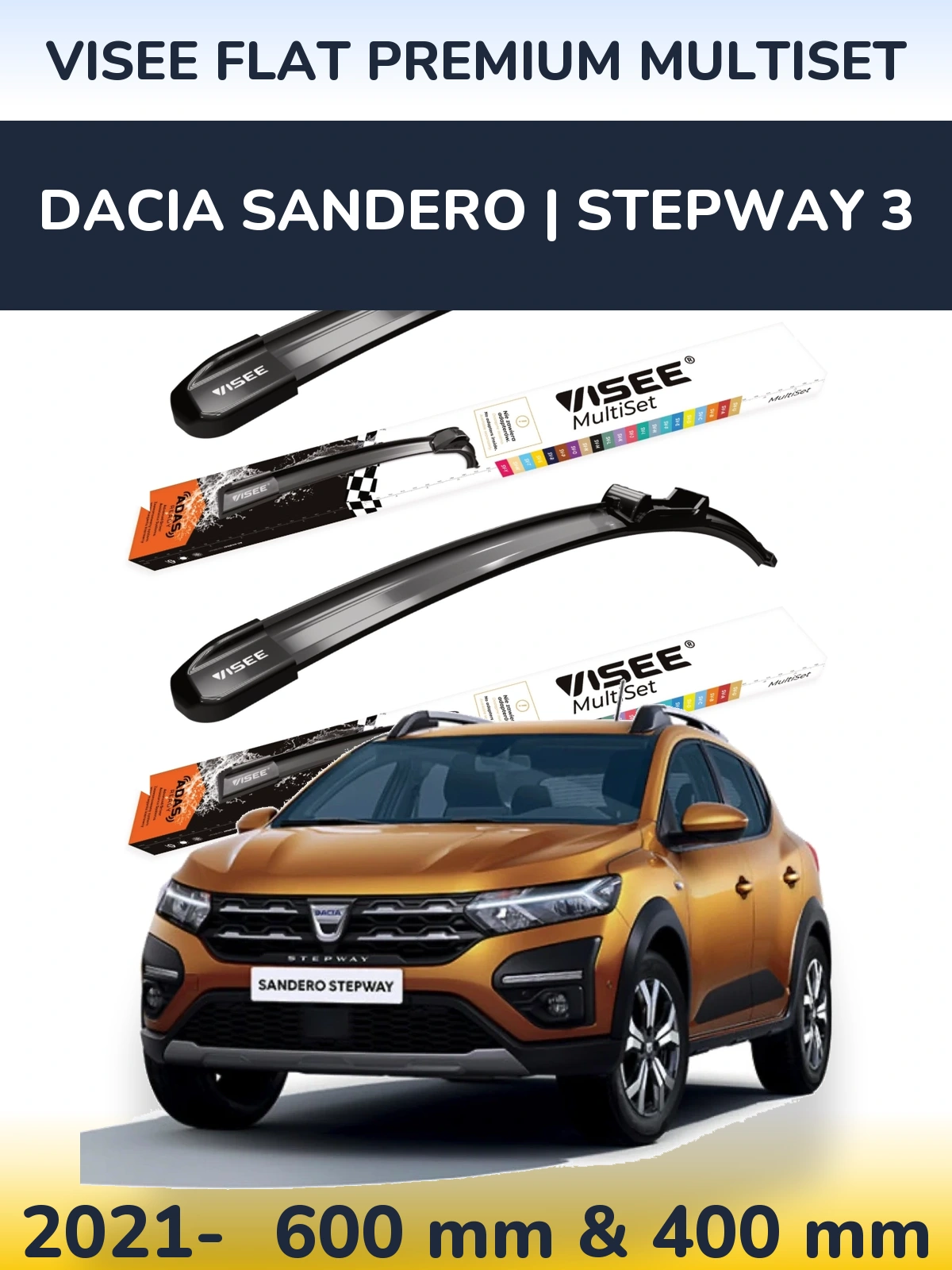 Front wiper blade set VISEE FLAT PREMIUM MultiSet 600 & 400 mm for Dacia Sandero | Stepway 3 2021-2026