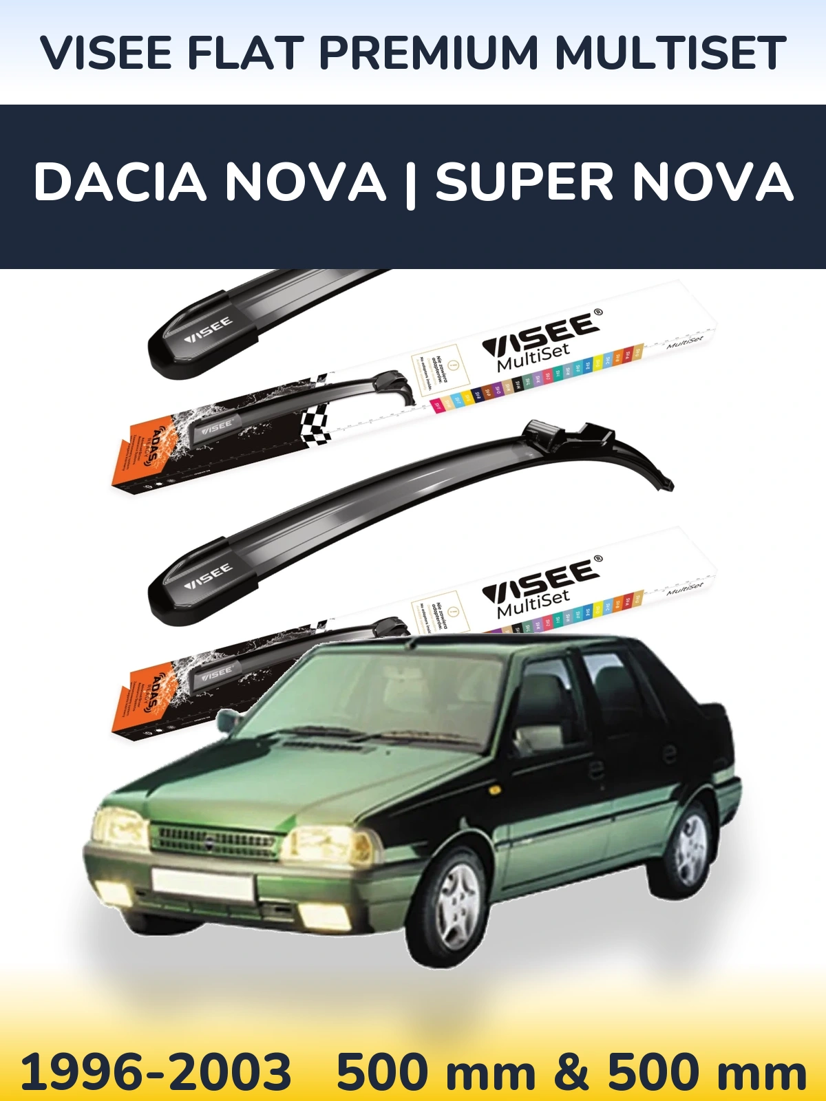 Front wiper blade set VISEE FLAT PREMIUM MultiSet 500 & 500 mm for Dacia Nova | Super Nova 1996-2003