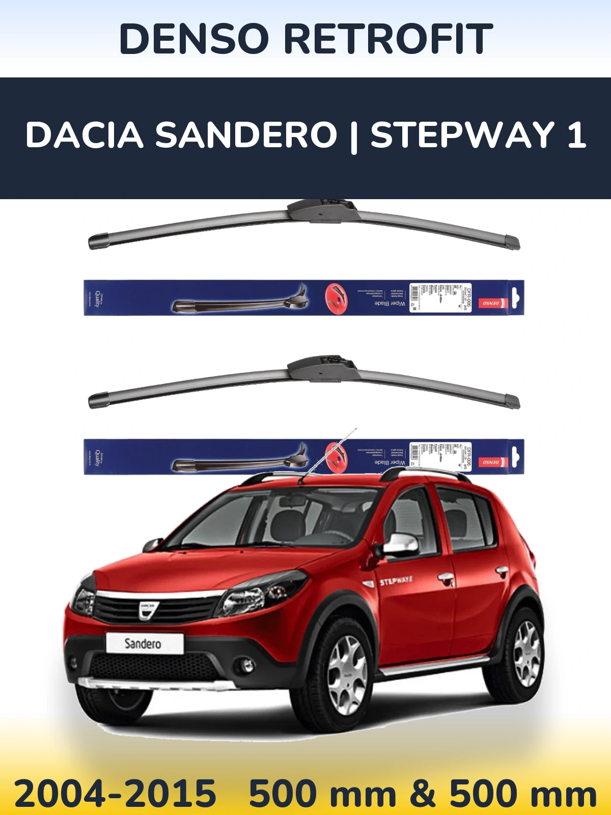 Front wiper blade set Denso Retrofit 500 & 500 mm for Dacia Sandero | Stepway 1 2004-2015