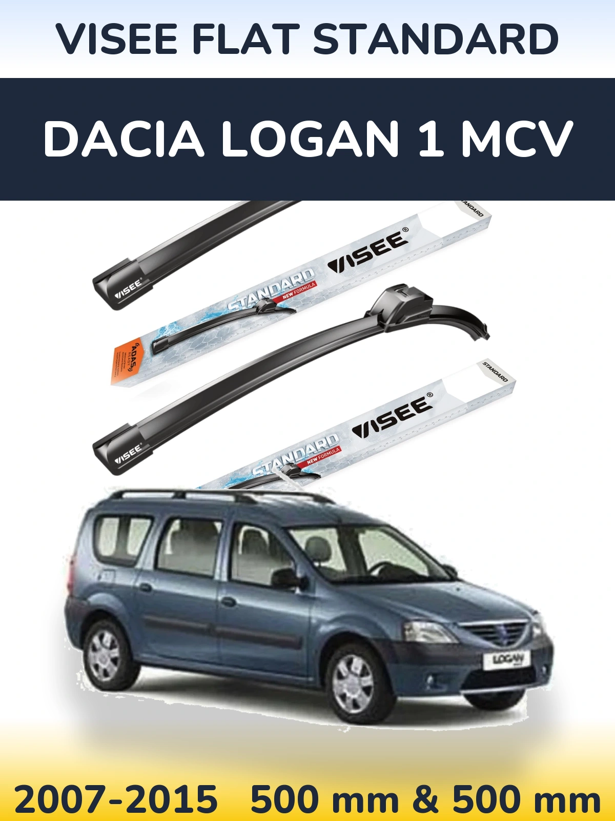 Front wiper blade set VISEE FLAT STANDARD 500 & 500 mm for Dacia Logan 1 MCV 2007-2015