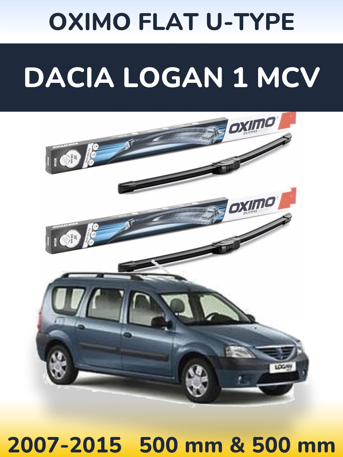 Front wiper blade set Oximo Flat U-type 500 & 500 mm for Dacia Logan 1 MCV 2007-2015