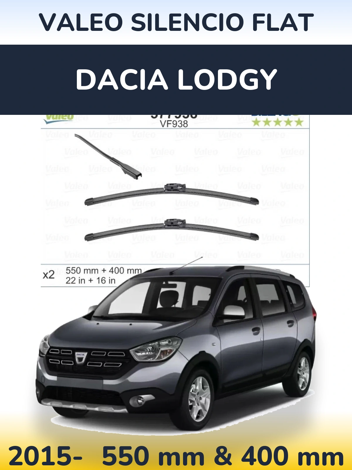 Front wiper blade set Valeo Silencio Flat 550 & 400 mm for Dacia Lodgy 2015-2026