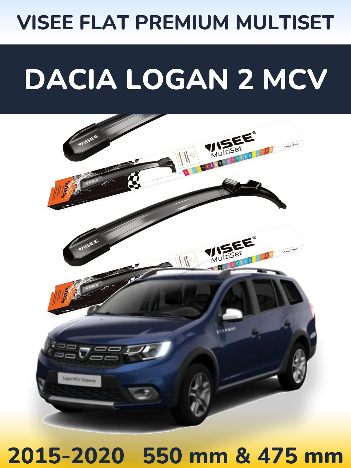 Комплект передних дворников VISEE FLAT PREMIUM MultiSet 550 & 475 мм для Dacia Logan 2 MCV 2015-2020