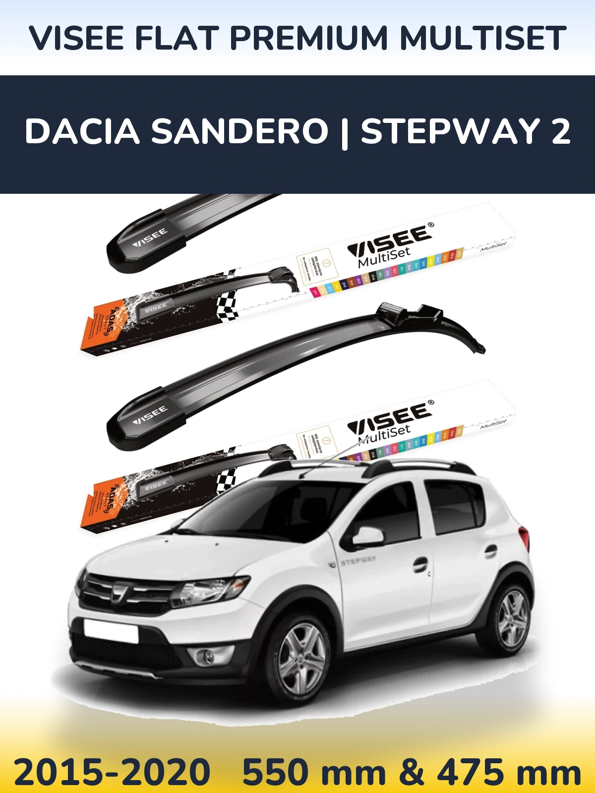 Комплект передніх щіток VISEE FLAT PREMIUM MultiSet 550 & 475 мм для Dacia Sandero | Stepway 2 2015-2020