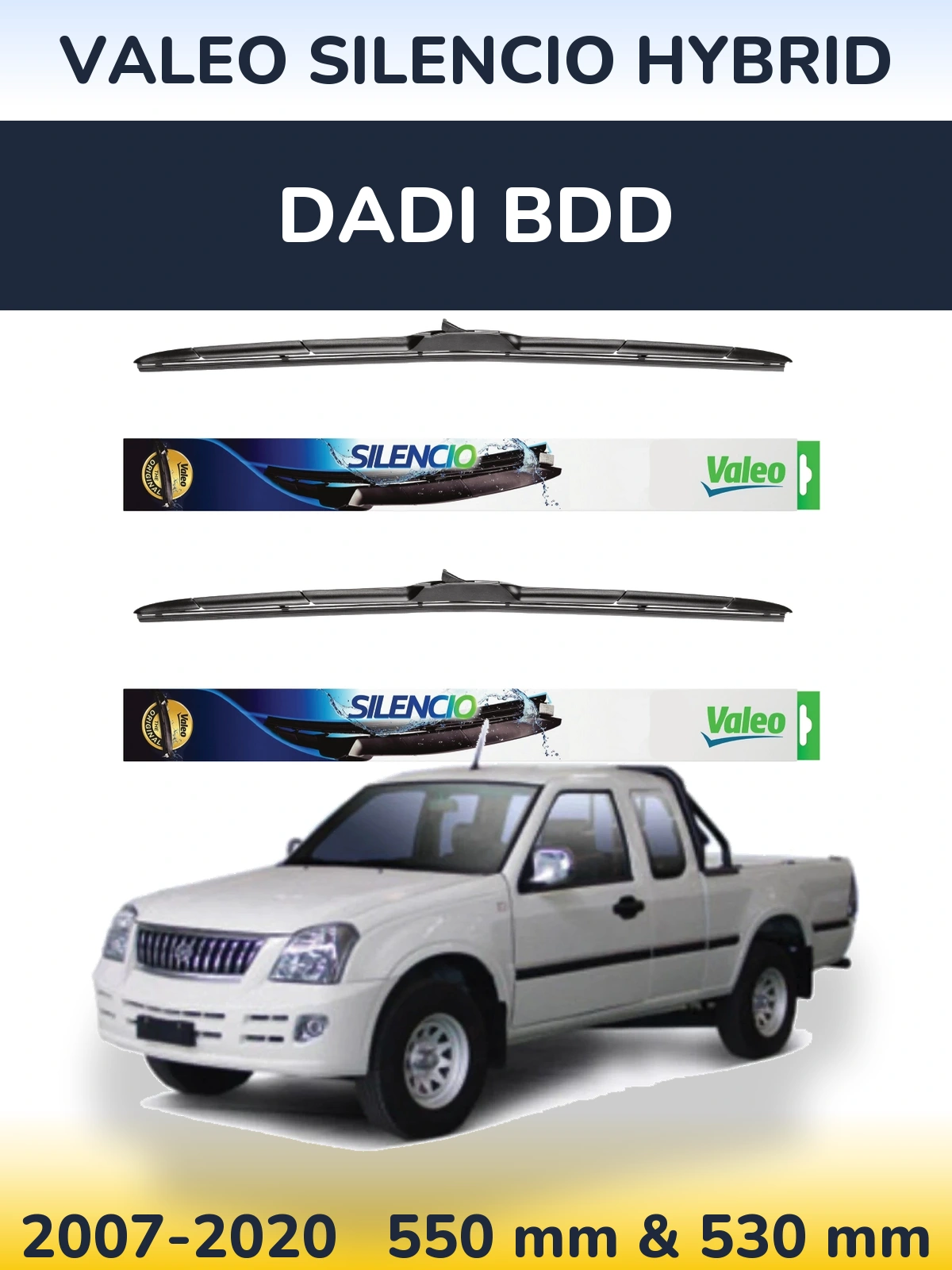 Front wiper blade set Valeo Silencio Hybrid 550 & 530 mm for Dadi BDD 2007-2020