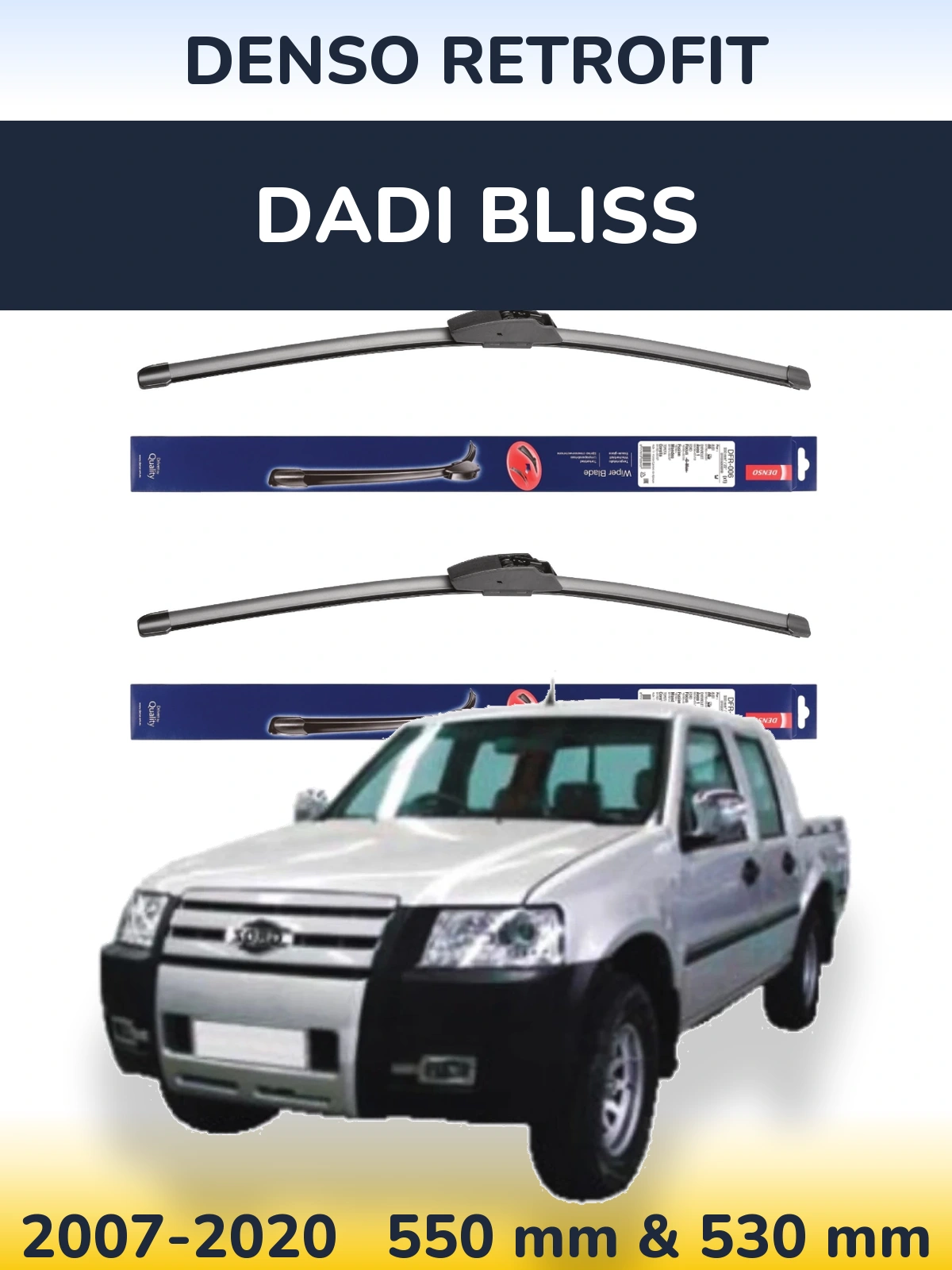 Front wiper blade set Denso Retrofit 550 & 530 mm for Dadi Bliss 2007-2020