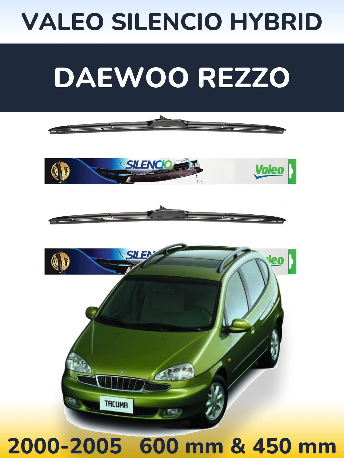 Front wiper blade set Valeo Silencio Hybrid 600 & 450 mm for Daewoo Rezzo 2000-2005
