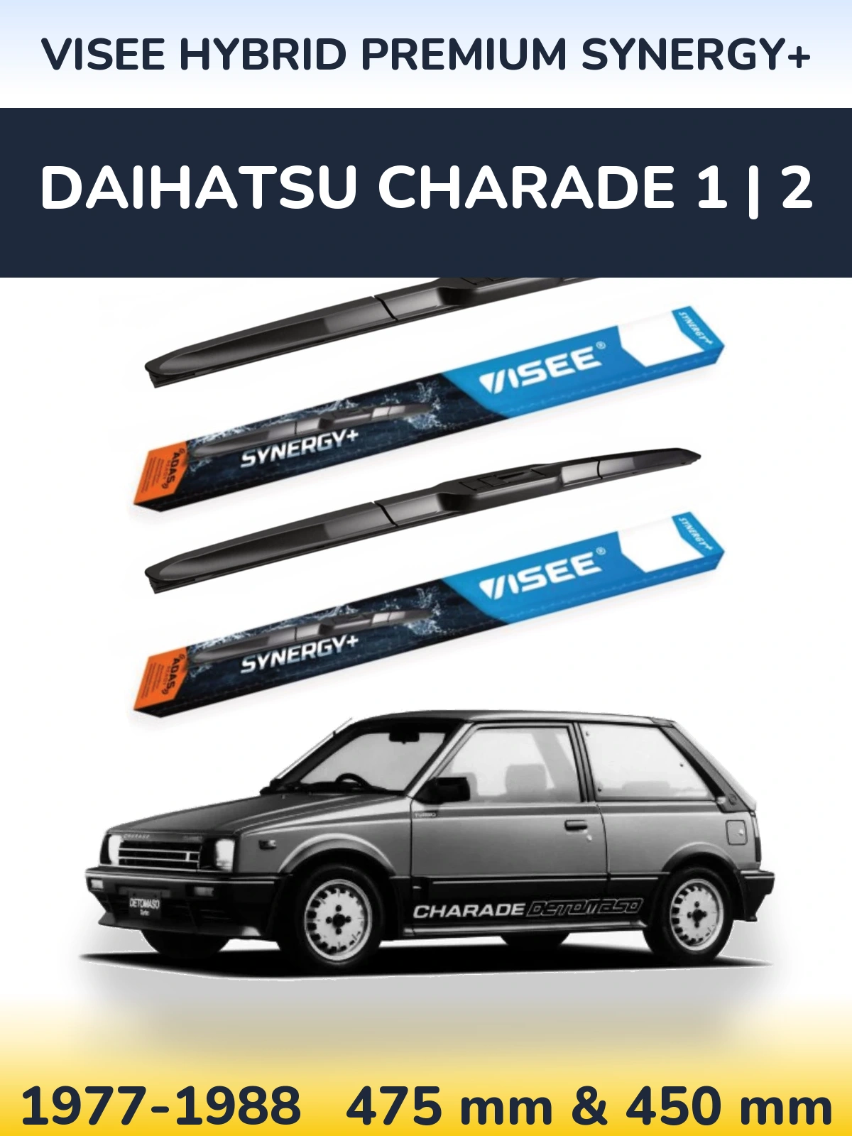 Front wiper blade set VISEE HYBRID PREMIUM SYNERGY+ 475 & 450 mm for Daihatsu Charade 1 | 2 1977-1988