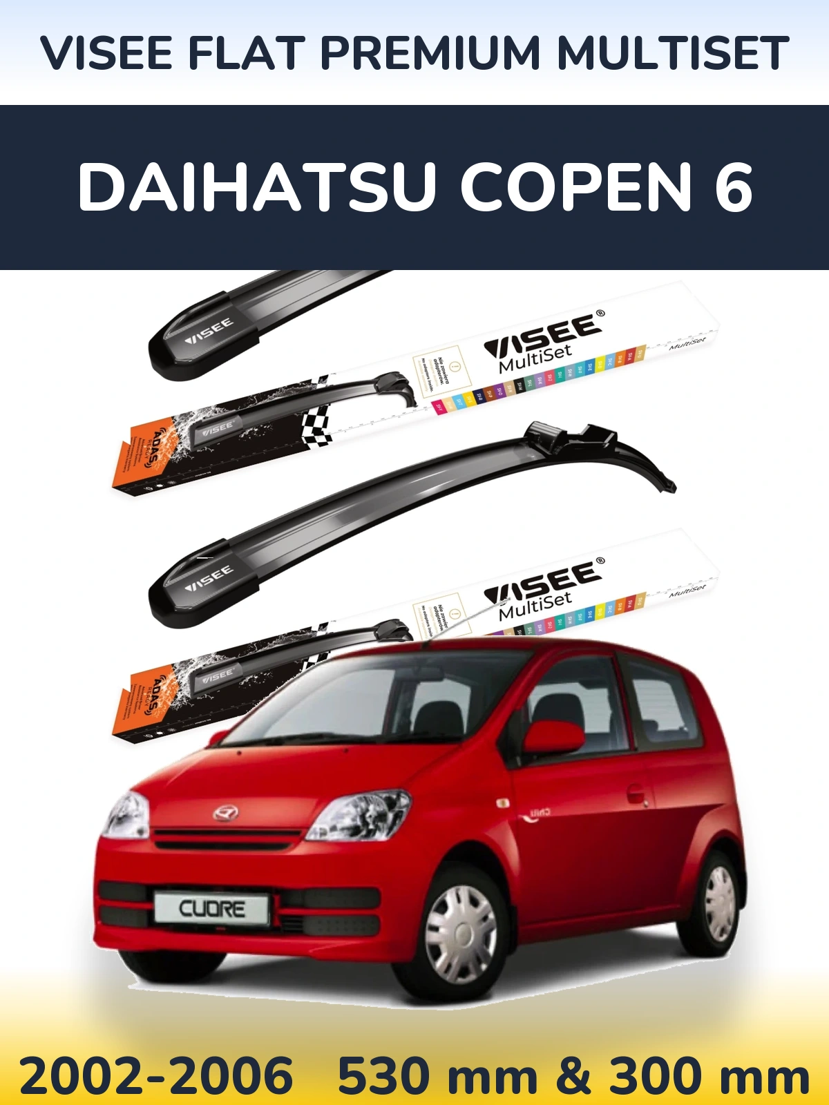 Front wiper blade set VISEE FLAT PREMIUM MultiSet 530 & 300 mm for Daihatsu Copen 6 2002-2006