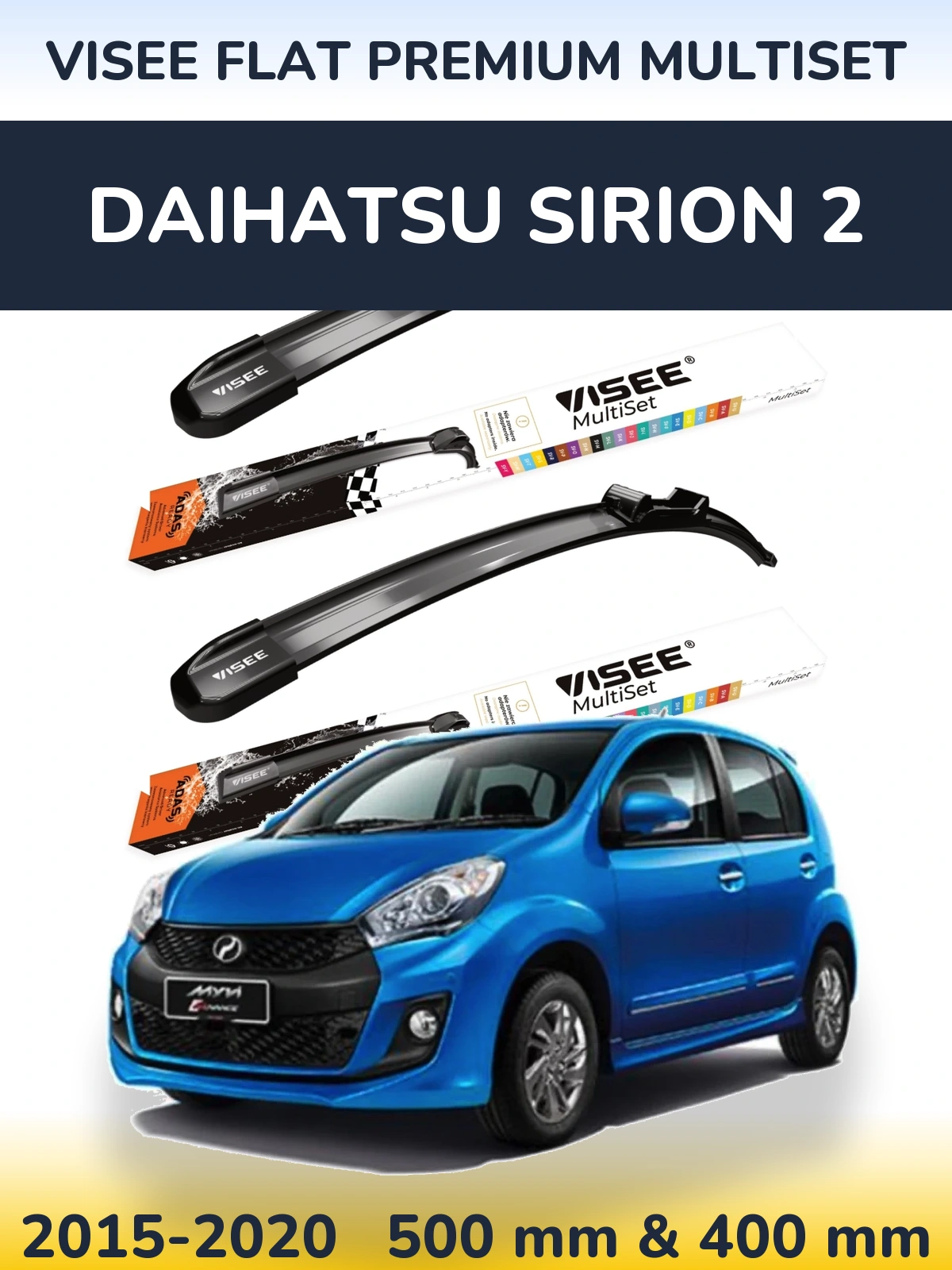 Front wiper blade set VISEE FLAT PREMIUM MultiSet 500 & 400 mm for Daihatsu SIrion 2 2015-2020