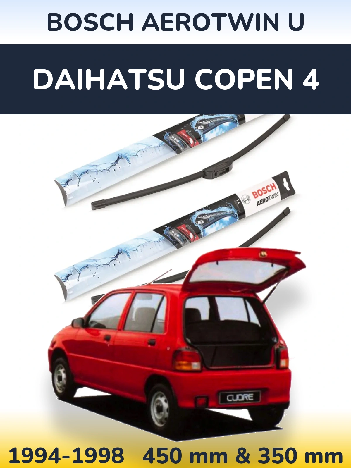 Front wiper blade set BOSCH AeroTwin U 450 & 350 mm for Daihatsu Copen 4 1994-1998