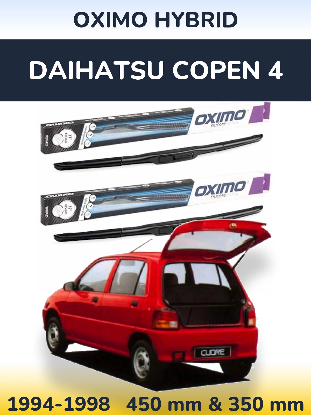 Front wiper blade set Oximo Hybrid 450 & 350 mm for Daihatsu Copen 4 1994-1998