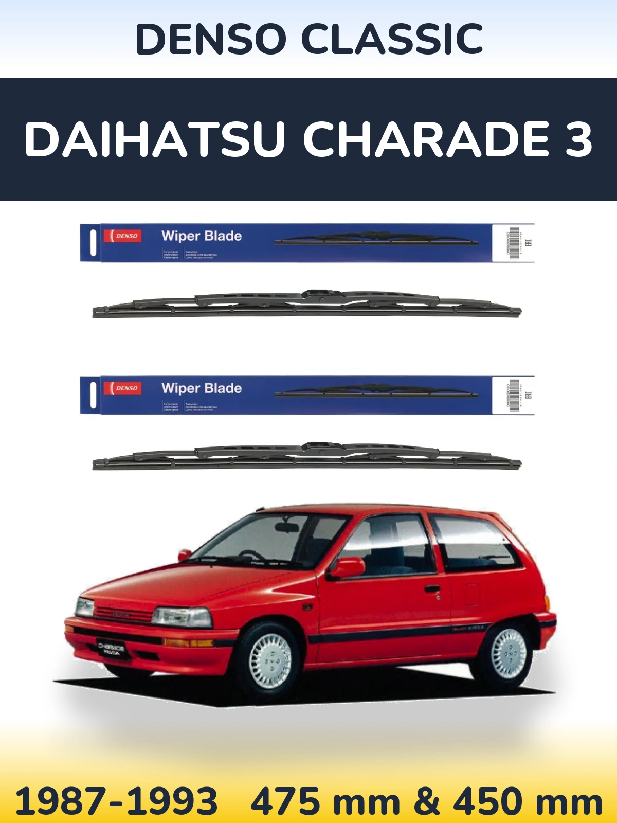 Front wiper blade set Denso Classic 475 & 450 mm for Daihatsu Charade 3 1987-1993