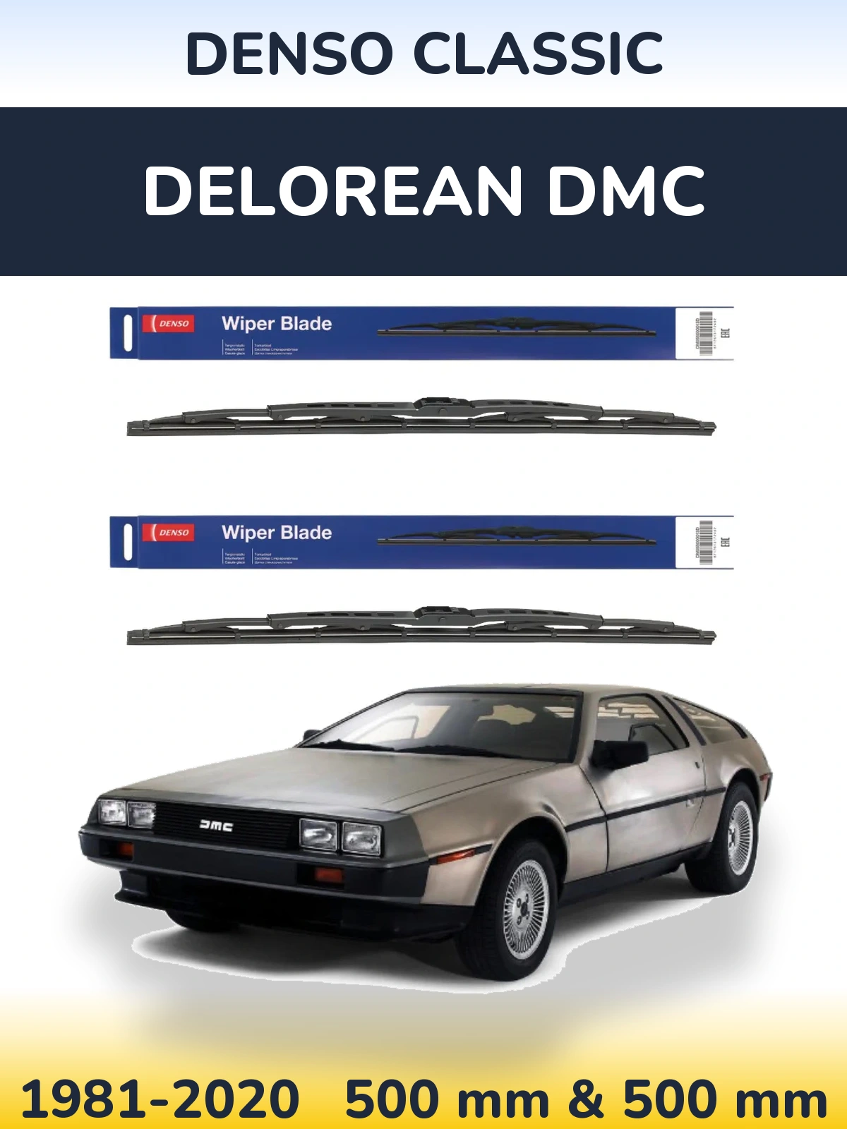 Front wiper blade set Denso Classic 500 & 500 mm for DeLorean DMC 1981-2020
