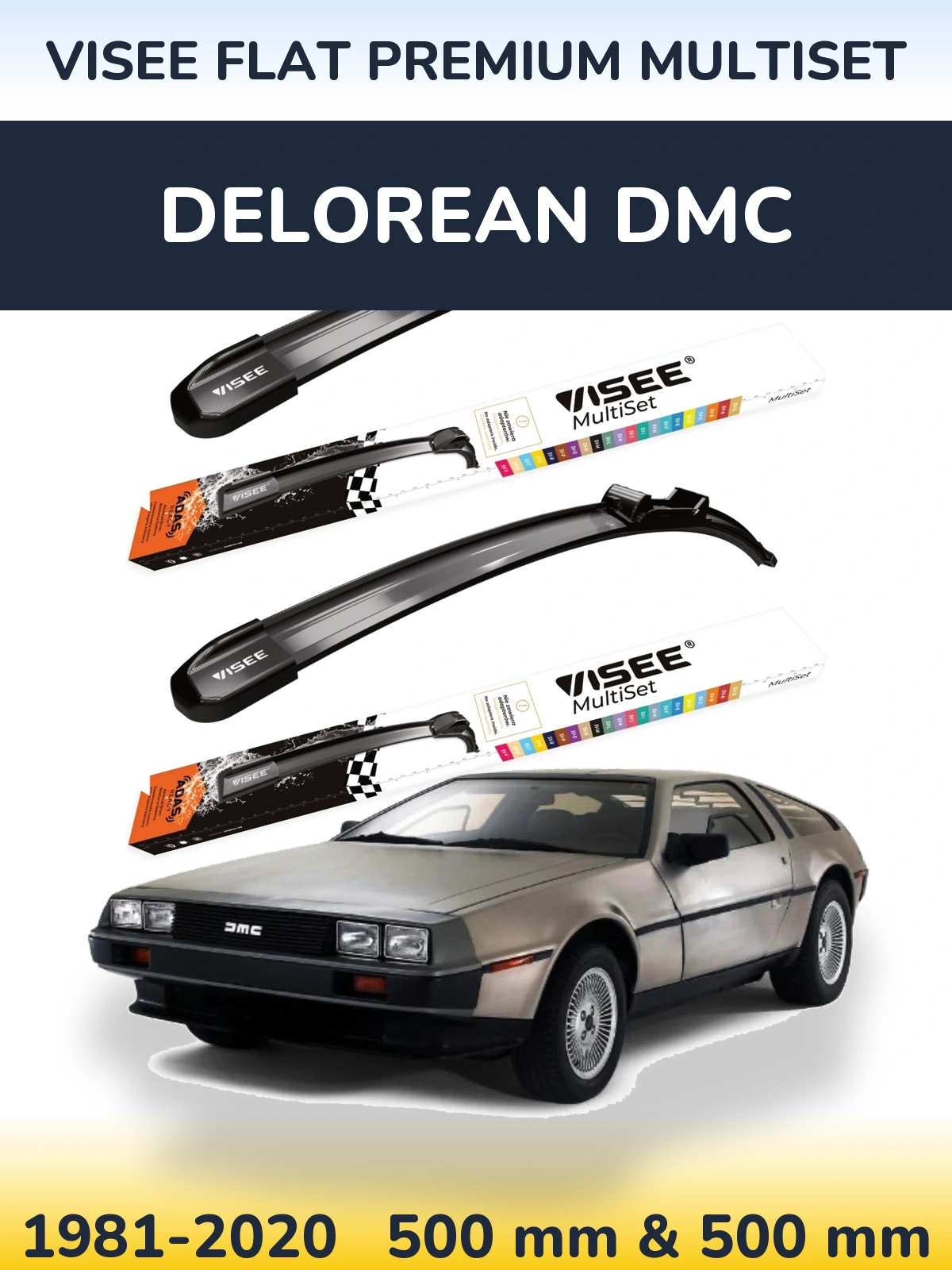 Front wiper blade set VISEE FLAT PREMIUM MultiSet 500 & 500 mm for DeLorean DMC 1981-2020