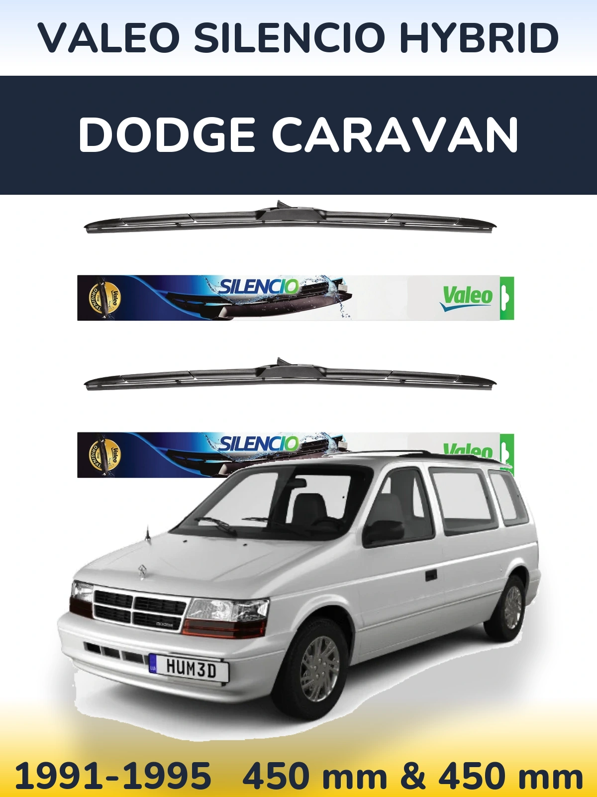 Front wiper blade set Valeo Silencio Hybrid 450 & 450 mm for Dodge Caravan 1991-1995