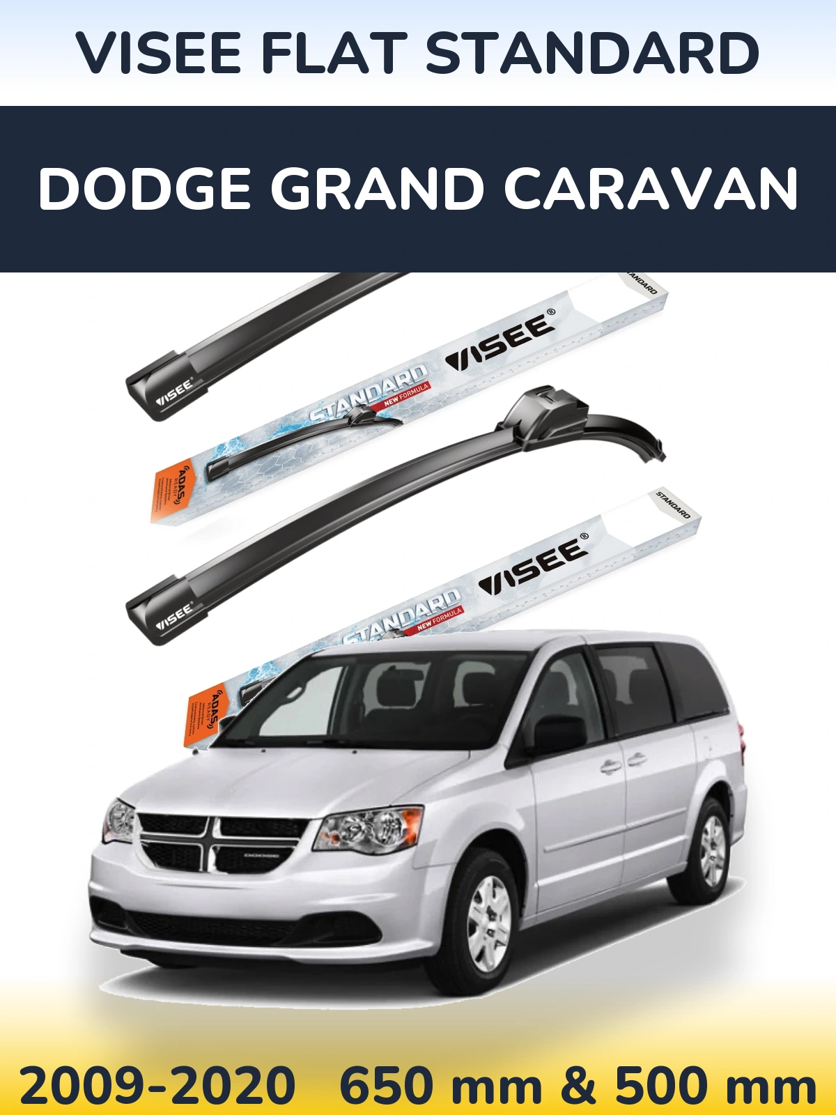 Front wiper blade set VISEE FLAT STANDARD 650 & 500 mm for Dodge Grand Caravan 2009-2020