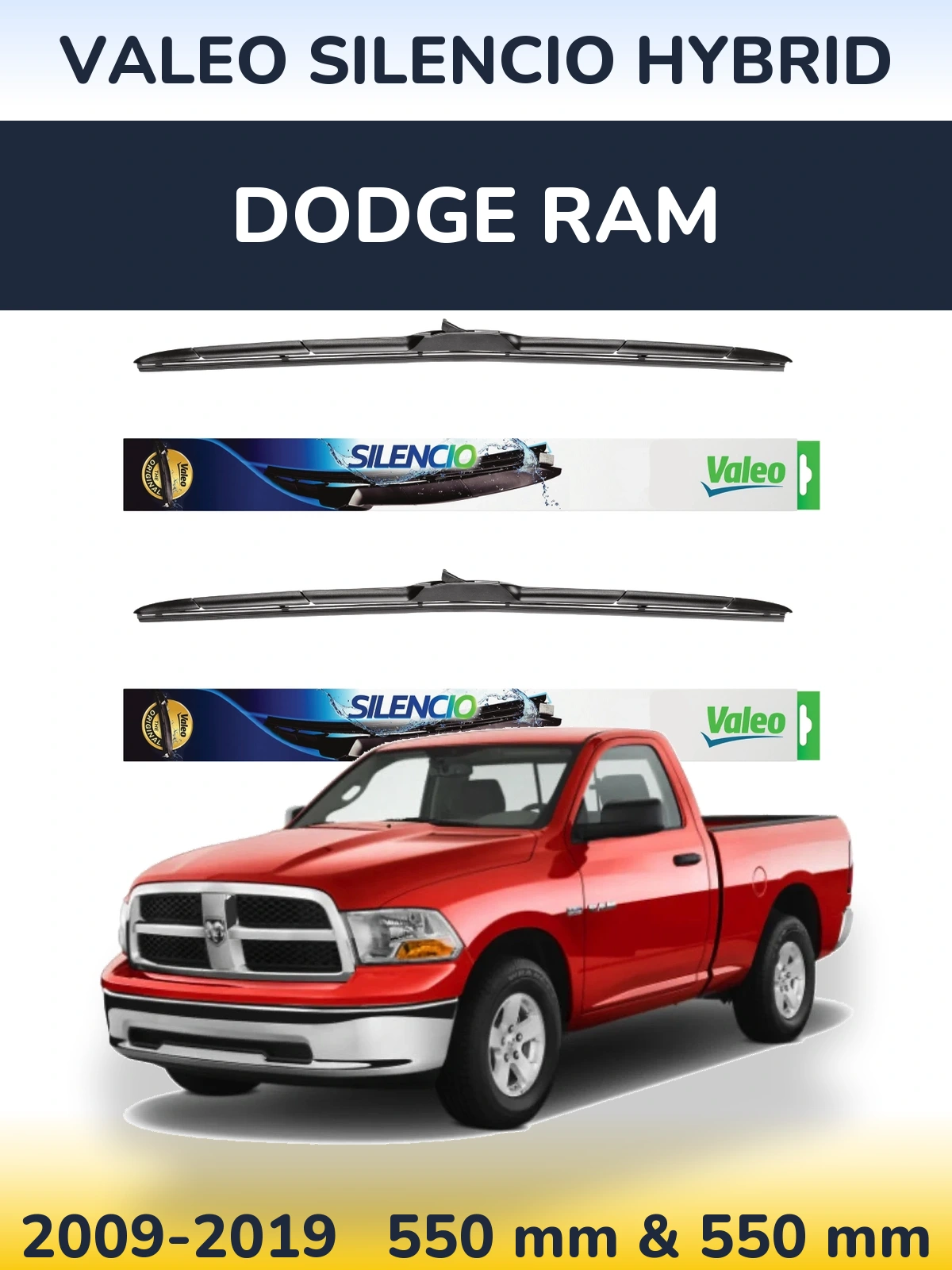 Front wiper blade set Valeo Silencio Hybrid 550 & 550 mm for Dodge RAM 2009-2019