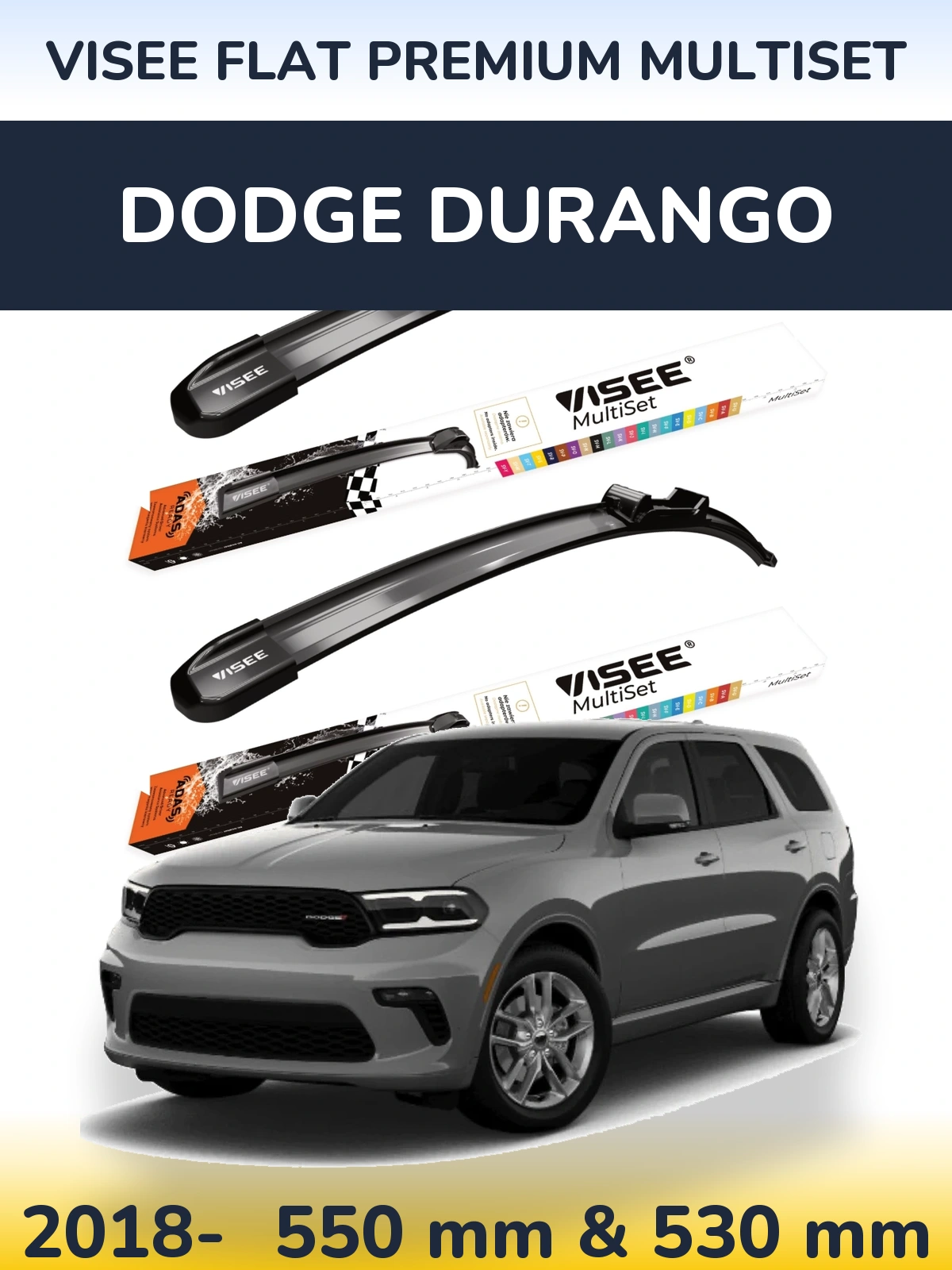 Комплект передних дворников VISEE FLAT PREMIUM MultiSet 550 & 530 мм для Dodge Durango 2018-2026