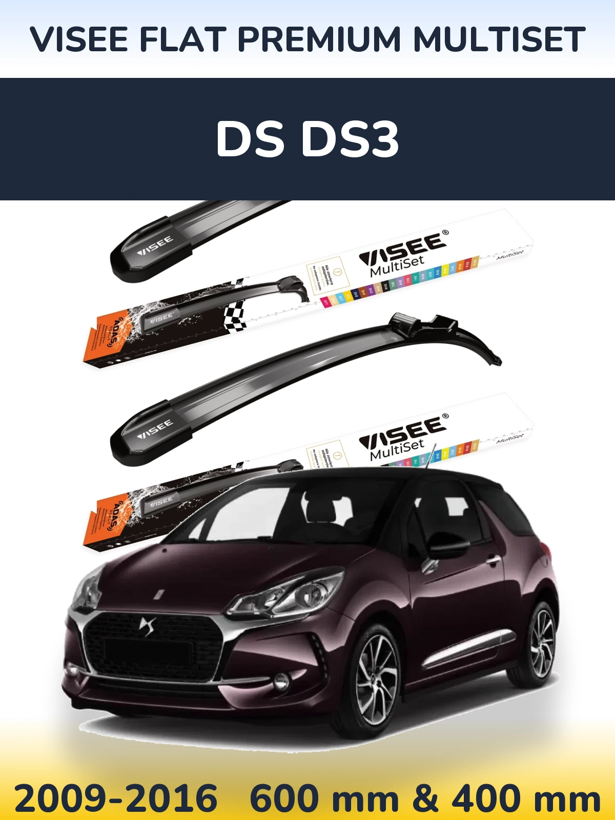 Front wiper blade set VISEE FLAT PREMIUM MultiSet 600 & 400 mm for DS DS3 2009-2016