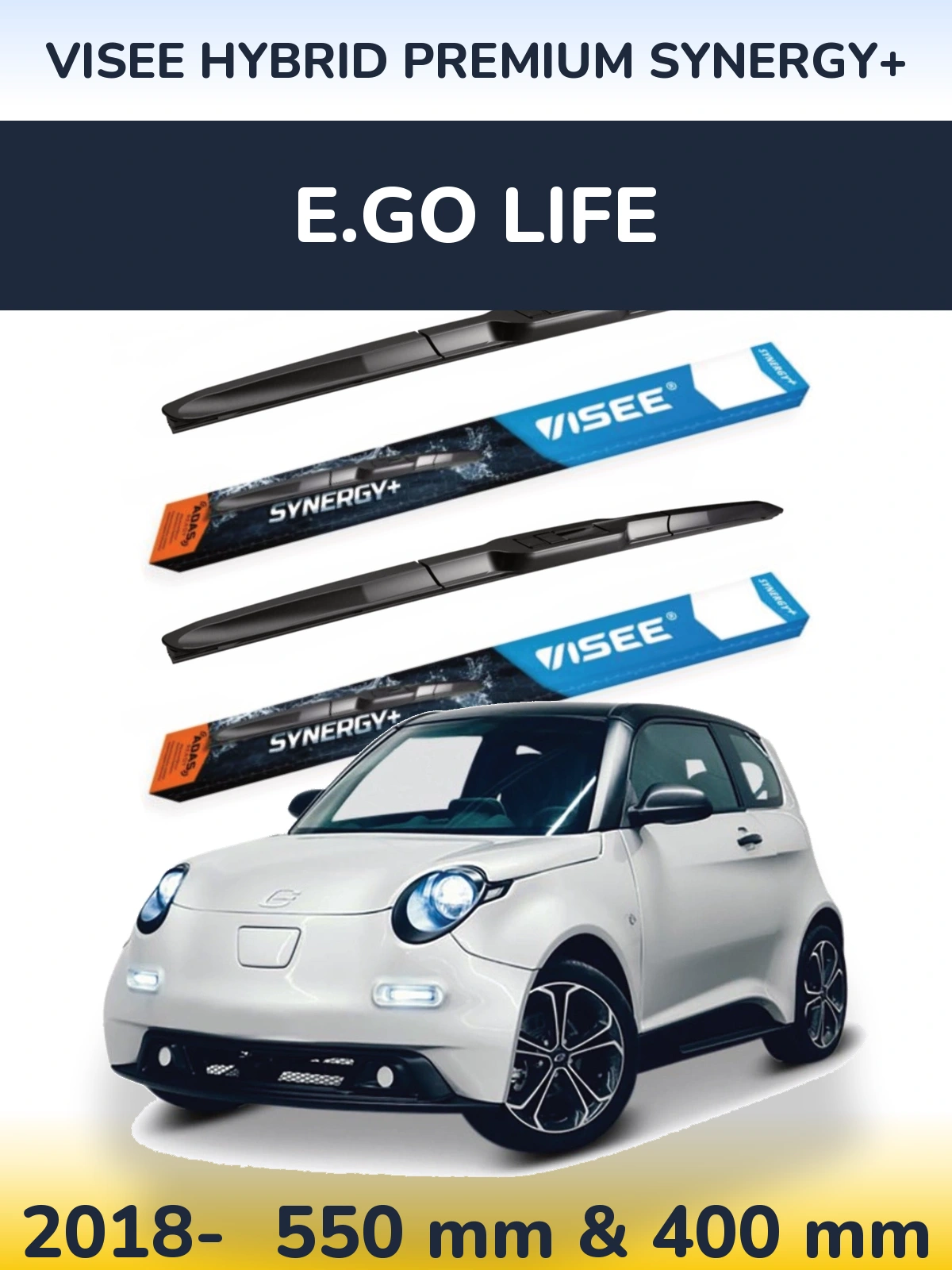 Front wiper blade set VISEE HYBRID PREMIUM SYNERGY+ 550 & 400 mm for E.GO life 2018-2026