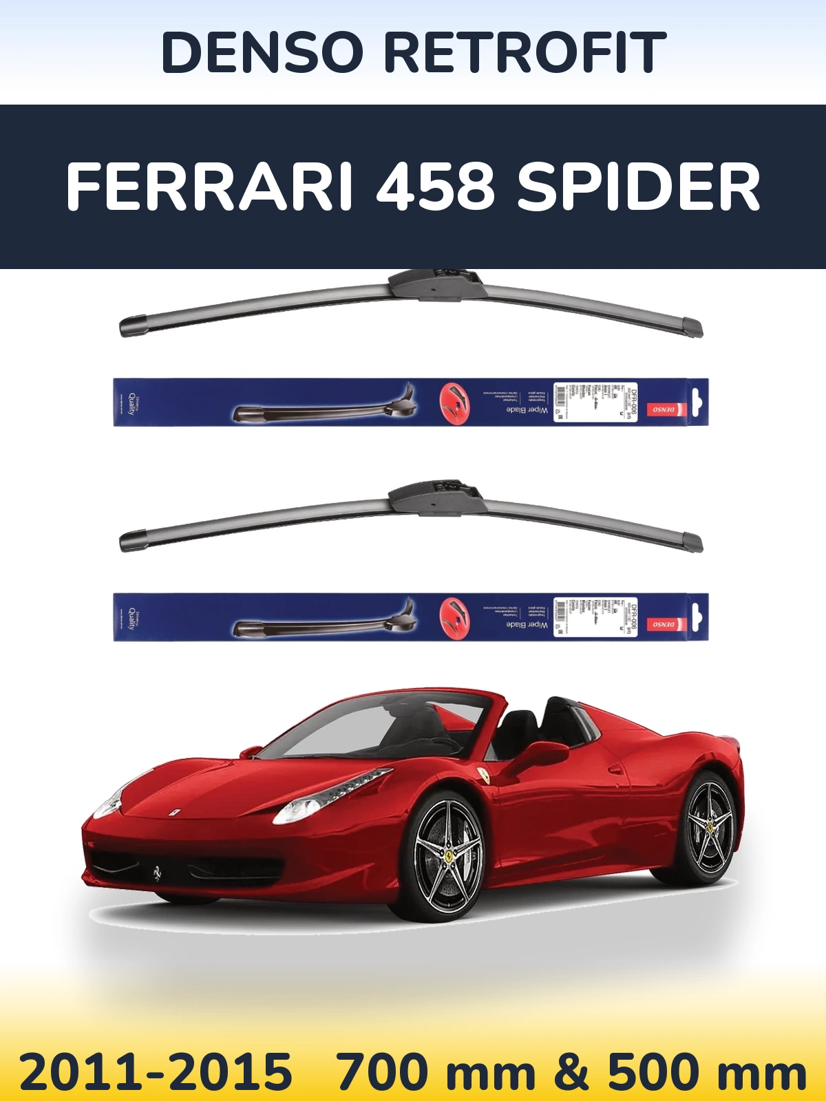 Front wiper blade set Denso Retrofit 700 & 500 mm for Ferrari 458 Spider 2011-2015