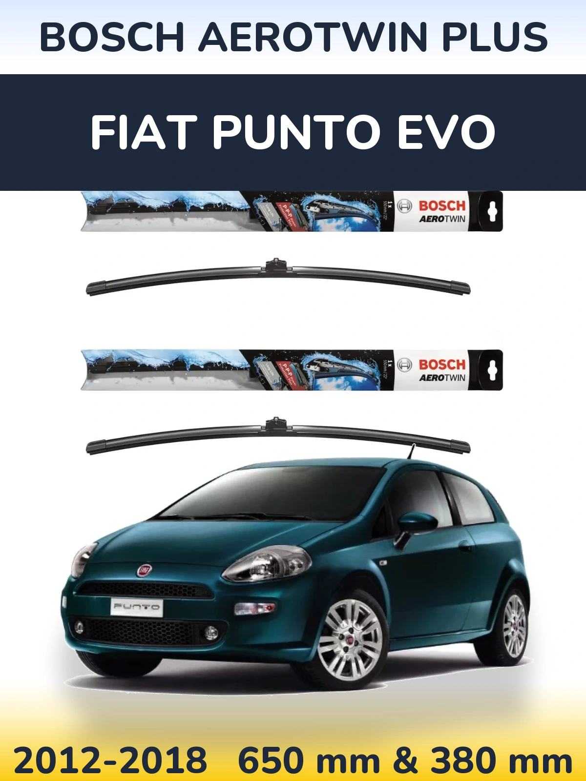 Комплект передніх щіток BOSCH AeroTwin Plus 650 & 380 мм для Fiat Punto Evo 2012-2018