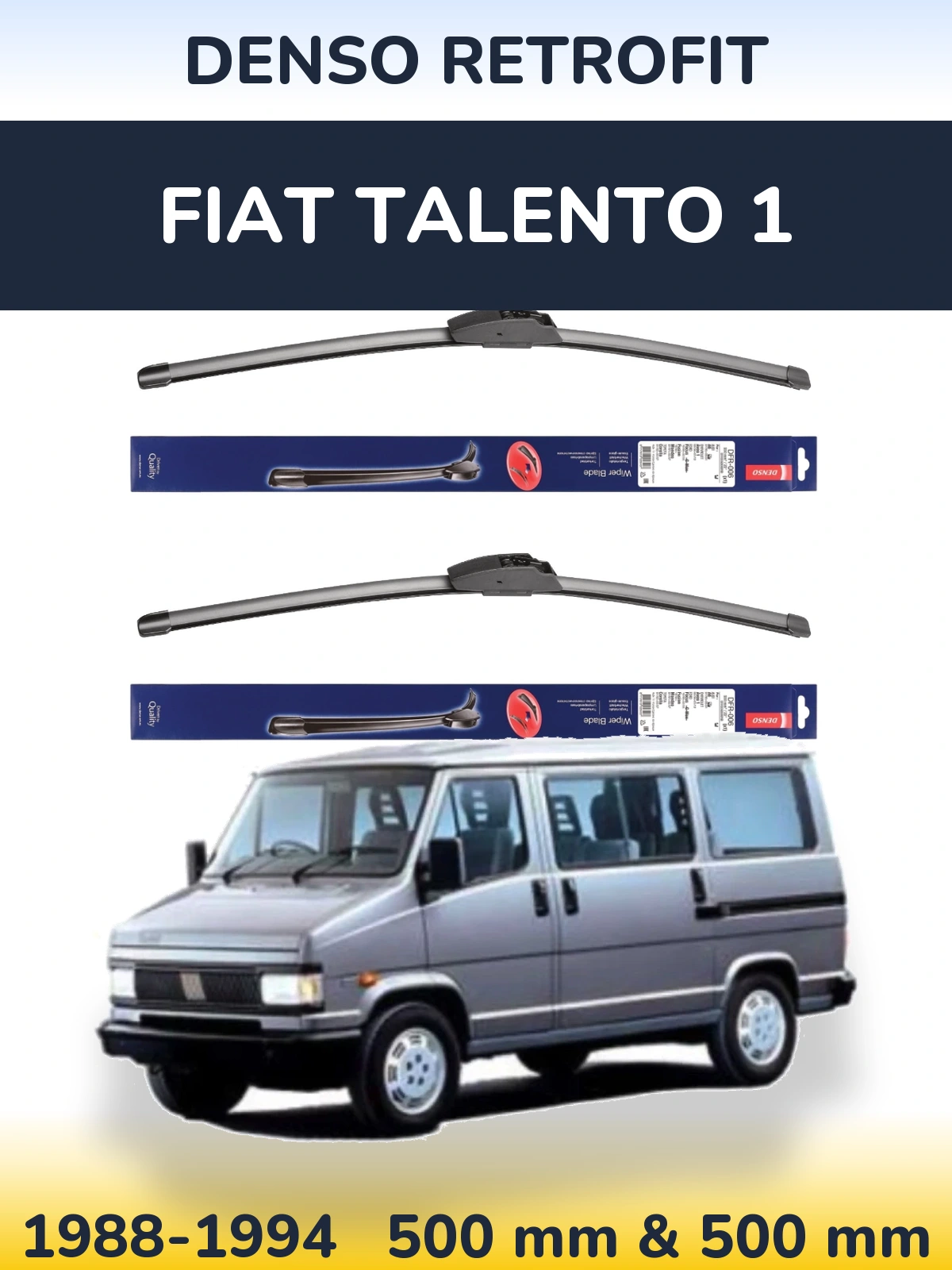 Front wiper blade set Denso Retrofit 500 & 500 mm for Fiat Talento 1 1988-1994