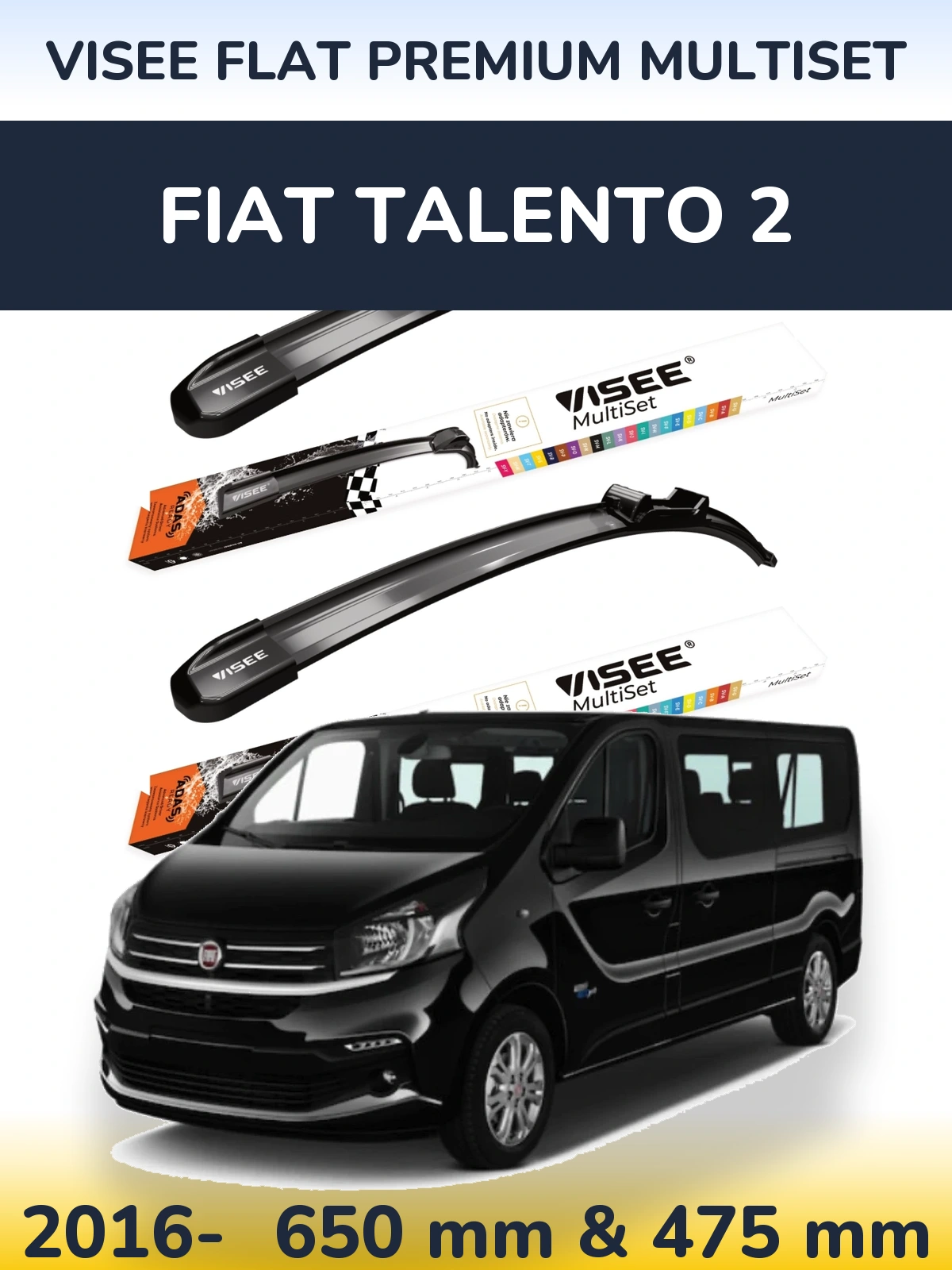 Комплект передніх щіток VISEE FLAT PREMIUM MultiSet 650 & 475 мм для Fiat Talento 2 2016-2026