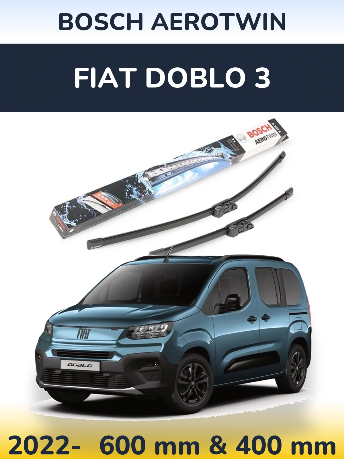 Front wiper blade set BOSCH AeroTwin 600 & 400 mm for Fiat Doblo 3 2022-2026