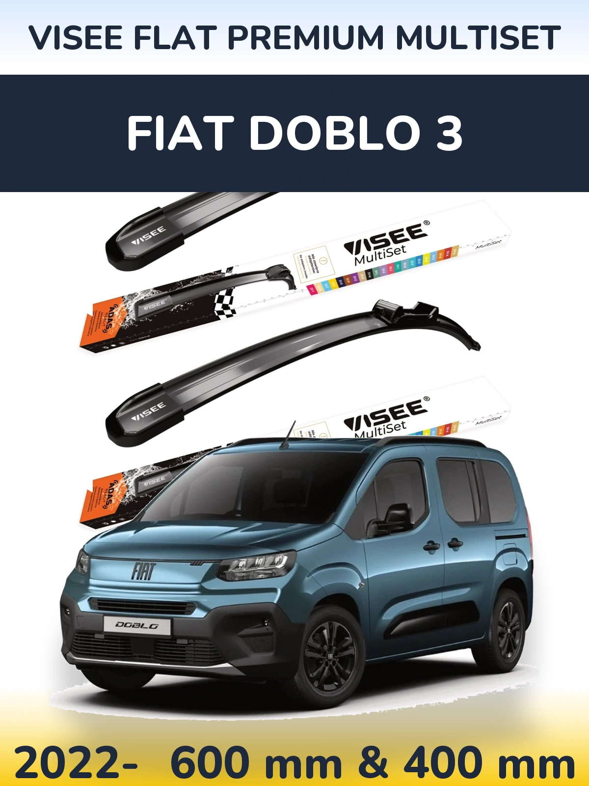 Front wiper blade set VISEE FLAT PREMIUM MultiSet 600 & 400 mm for Fiat Doblo 3 2022-2026