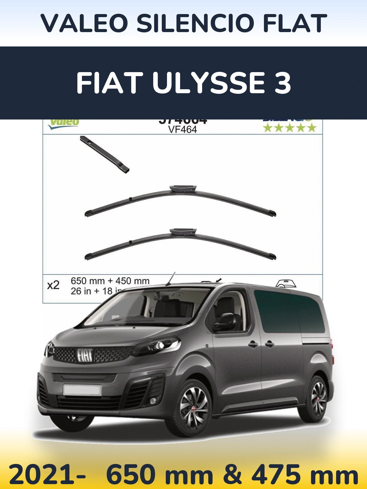 Front wiper blade set Valeo Silencio Flat 650 & 450 mm for Fiat Ulysse 3 2021-2026
