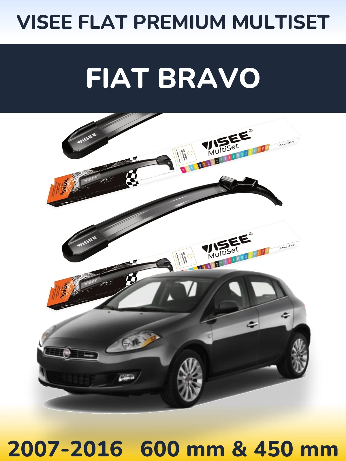 Front wiper blade set VISEE FLAT PREMIUM MultiSet 600 & 450 mm for Fiat Bravo 2007-2016