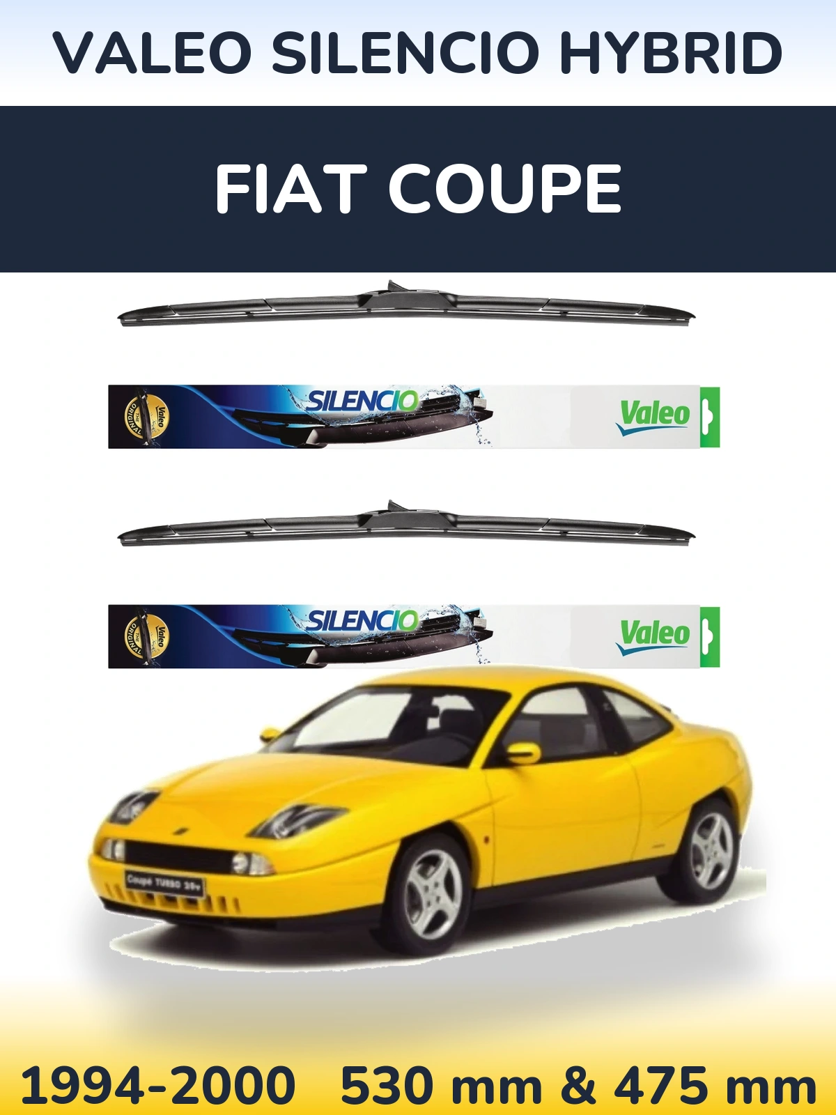 Front wiper blade set Valeo Silencio Hybrid 530 & 475 mm for Fiat Coupe 1994-2000
