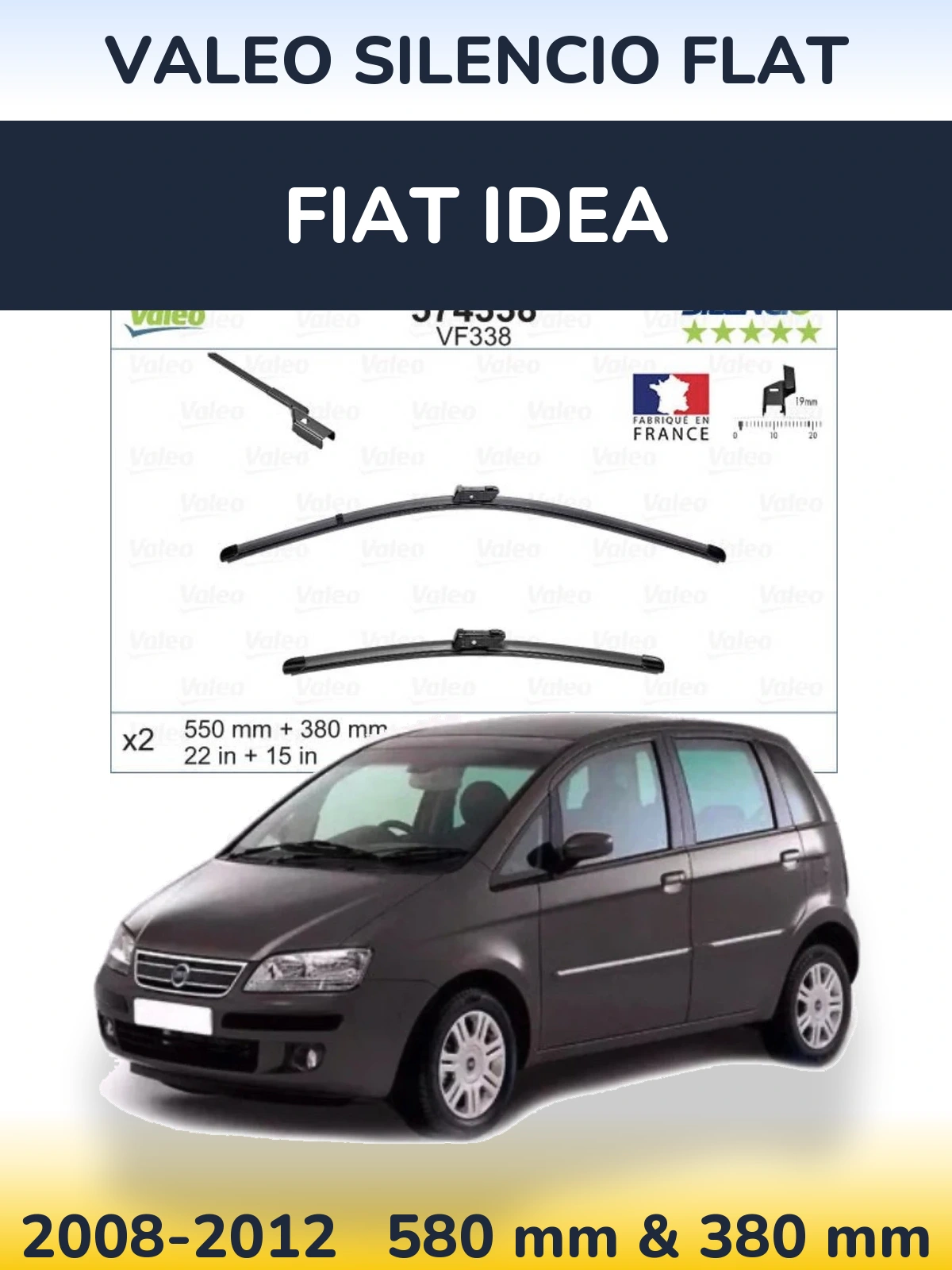 Front wiper blade set Valeo Silencio Flat 550 & 380 mm for Fiat Idea 2008-2012
