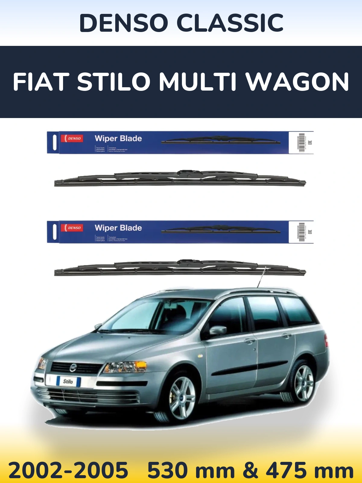 Front wiper blade set Denso Classic 530 & 475 mm for Fiat Stilo Multi Wagon 2002-2005