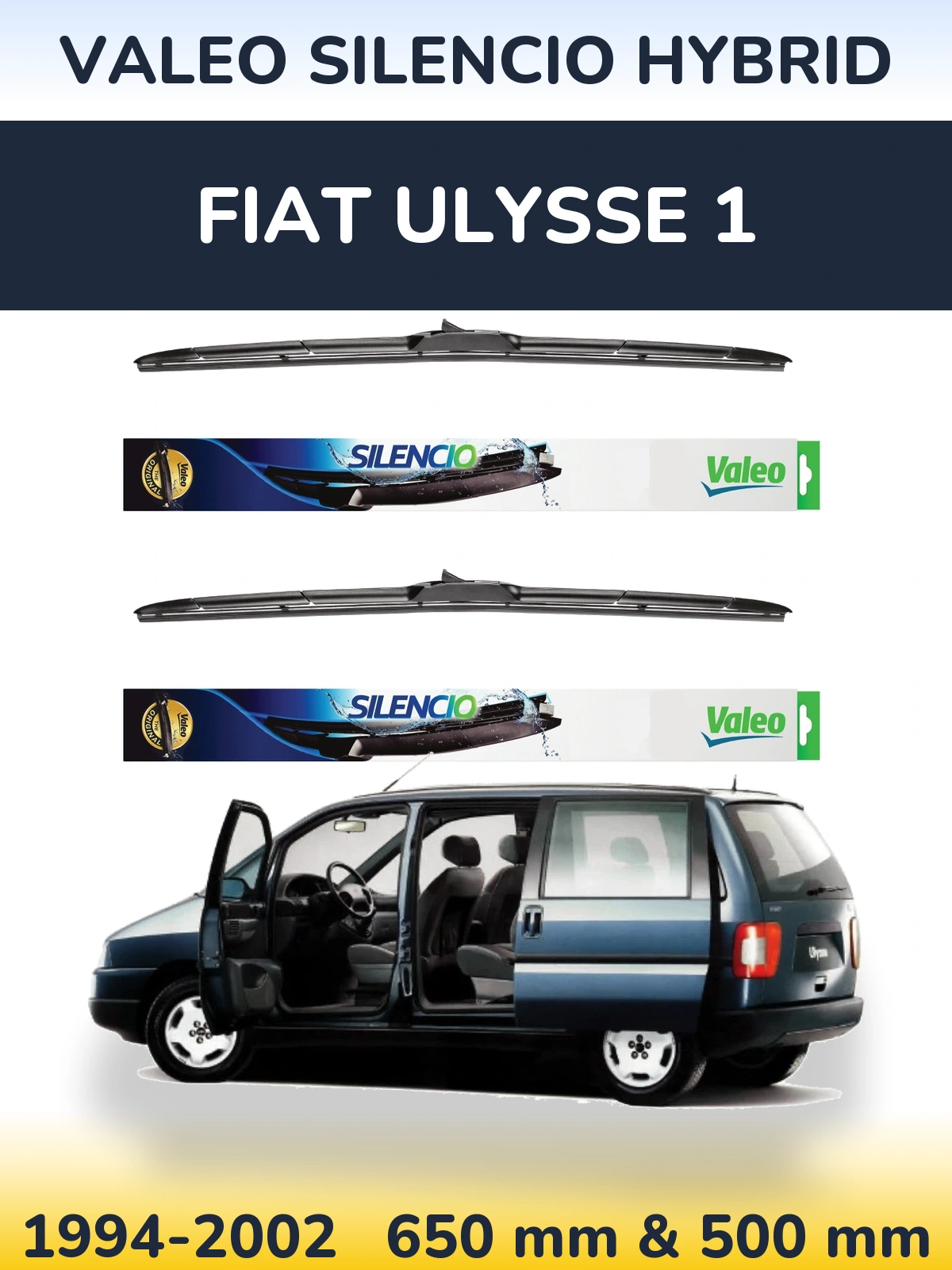 Front wiper blade set Valeo Silencio Hybrid 650 & 500 mm for Fiat Ulysse 1 1994-2002