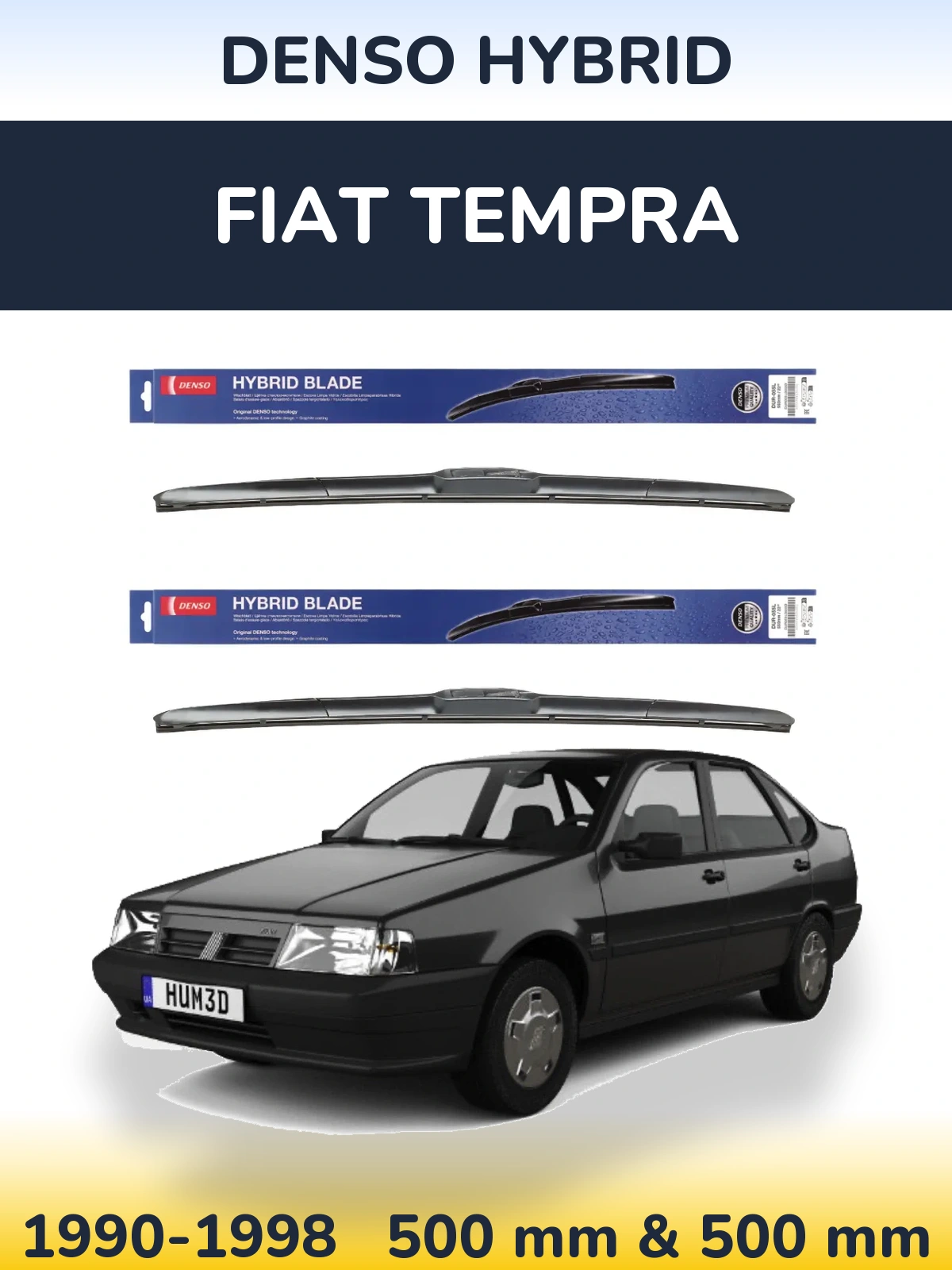 Front wiper blade set Denso Hybrid 500 & 500 mm for Fiat Tempra 1990-1998