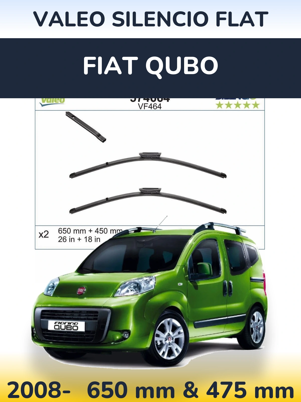 Front wiper blade set Valeo Silencio Flat 650 & 450 mm for Fiat Qubo 2008-2026