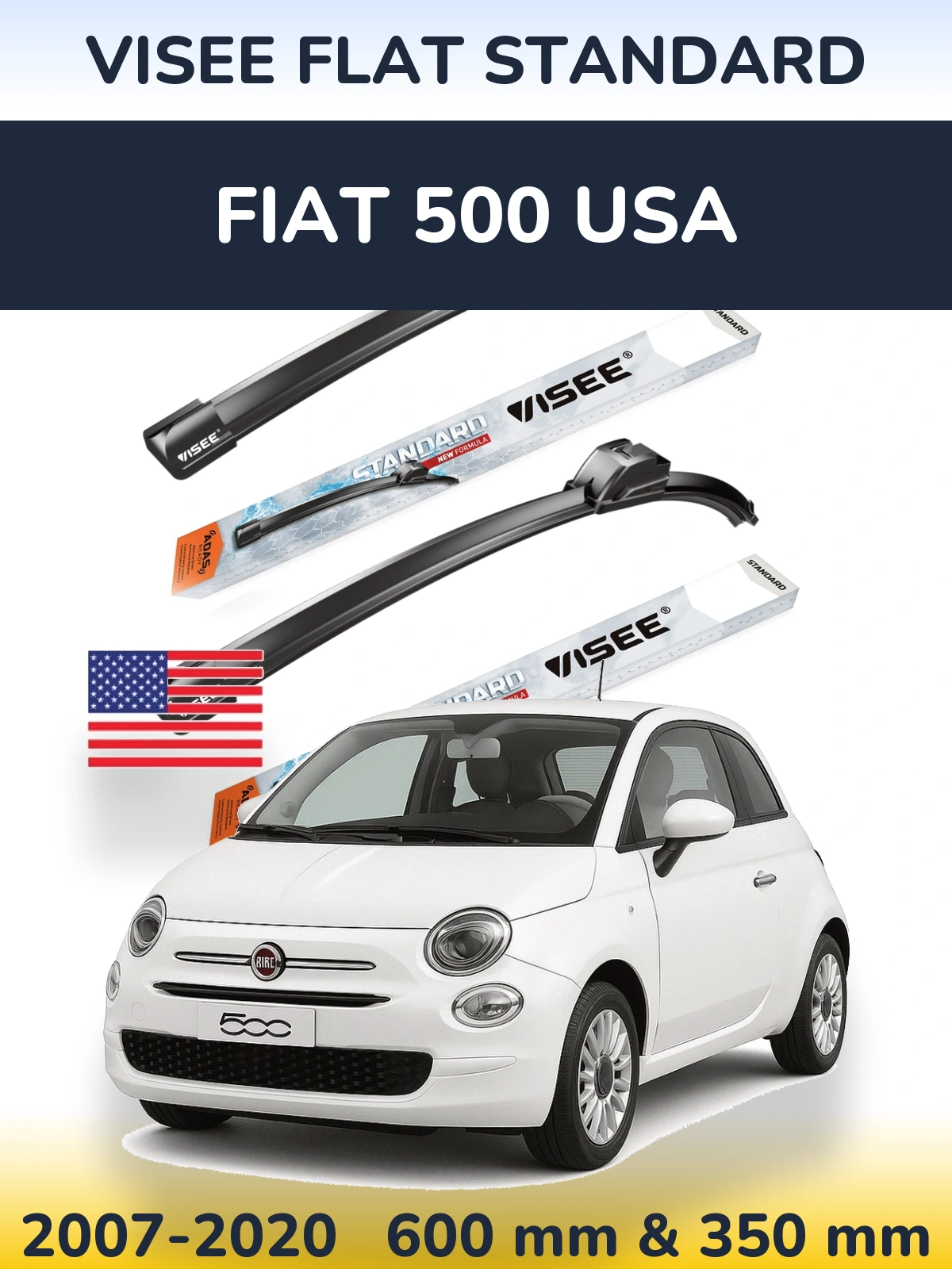 Front wiper blade set VISEE FLAT STANDARD 600 & 350 mm for Fiat 500 USA 2007-2020