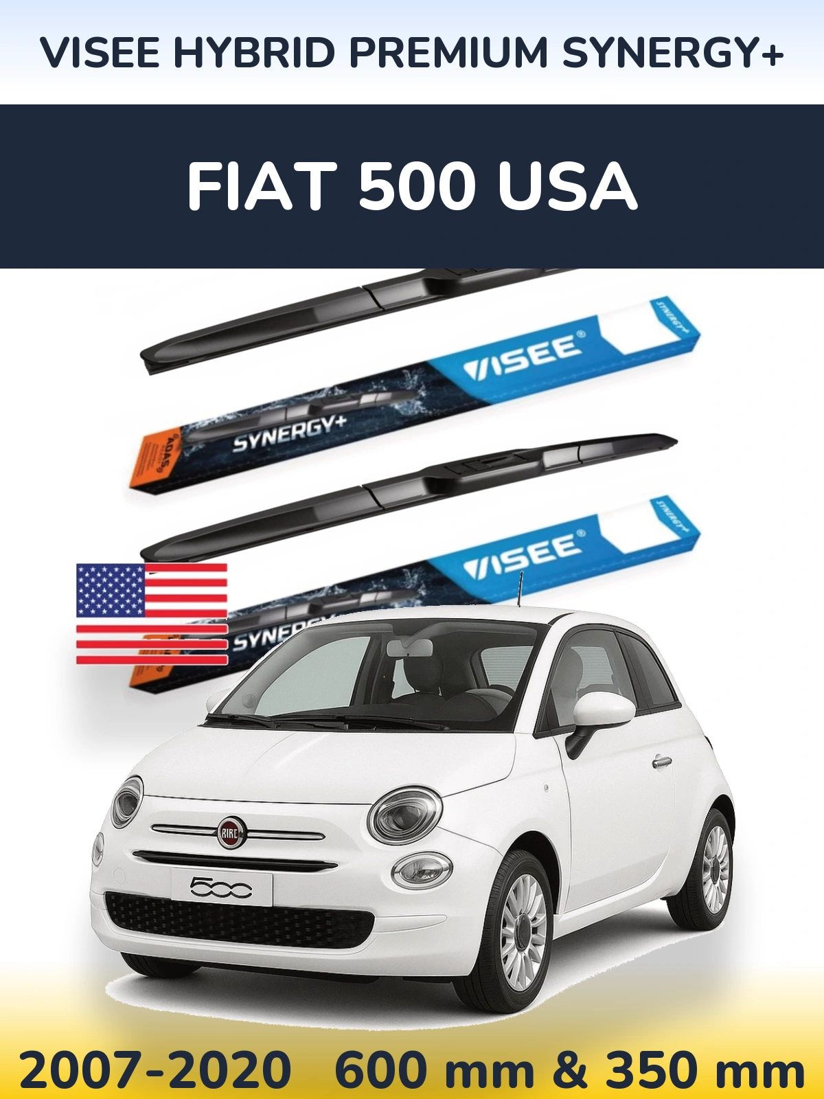 Front wiper blade set VISEE HYBRID PREMIUM SYNERGY+ 600 & 350 mm for Fiat 500 USA 2007-2020