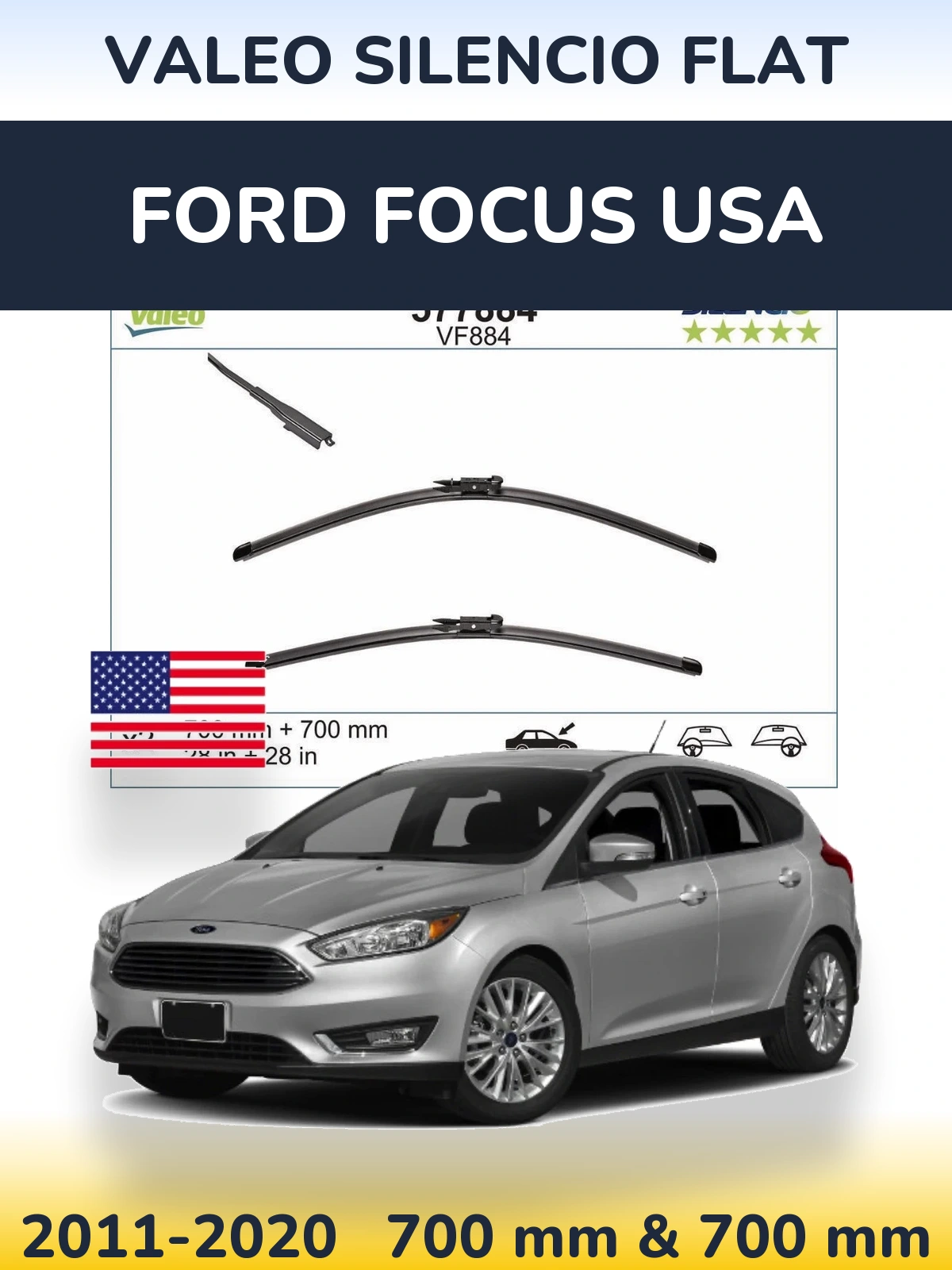 Front wiper blade set Valeo Silencio Flat 700 & 700 mm for Ford Focus USA 2011-2020