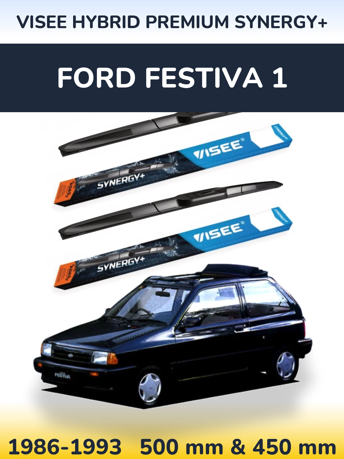 Front wiper blade set VISEE HYBRID PREMIUM SYNERGY+ 500 & 450 mm for Ford Festiva 1 1986-1993