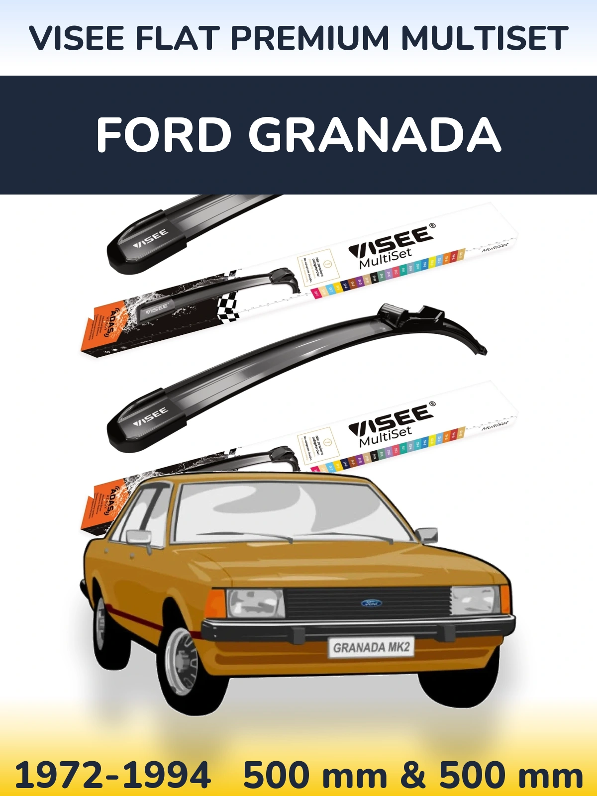 Front wiper blade set VISEE FLAT PREMIUM MultiSet 500 & 500 mm for Ford Granada 1972-1994