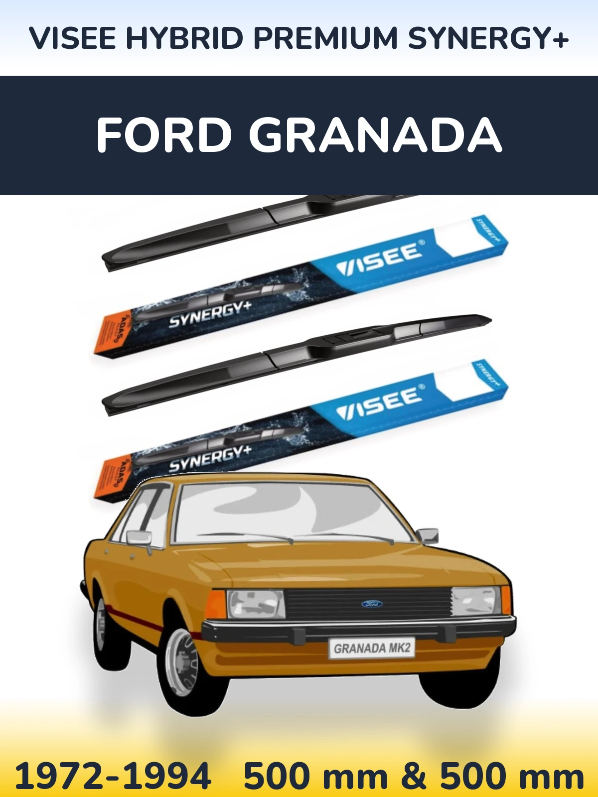 Front wiper blade set VISEE HYBRID PREMIUM SYNERGY+ 500 & 500 mm for Ford Granada 1972-1994