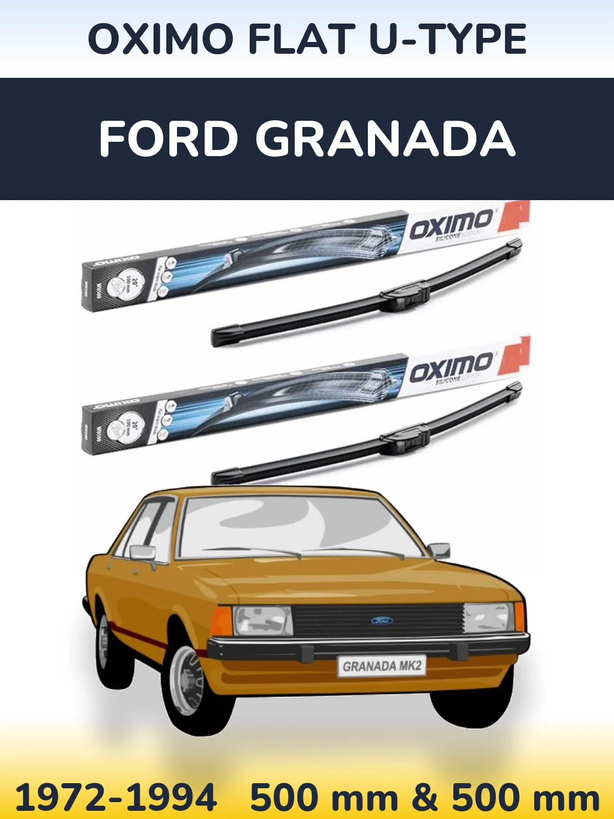Front wiper blade set Oximo Flat U-type 500 & 500 mm for Ford Granada 1972-1994