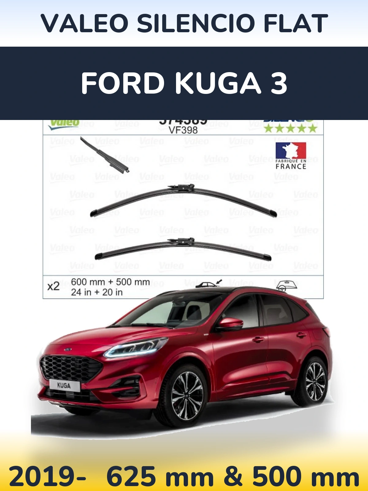 Front wiper blade set Valeo Silencio Flat 600 & 500 mm for Ford Kuga 3 2019-2026