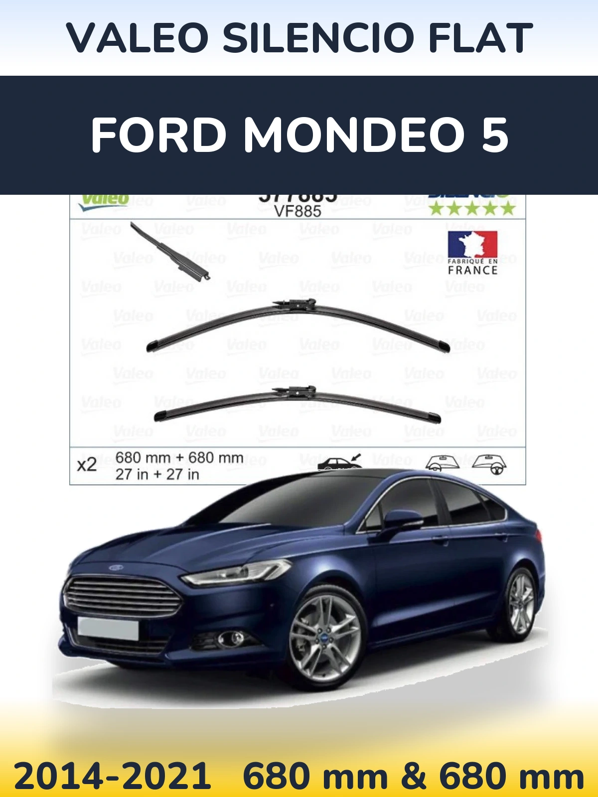 Front wiper blade set Valeo Silencio Flat 680 & 680 mm for Ford Mondeo 5 2014-2021