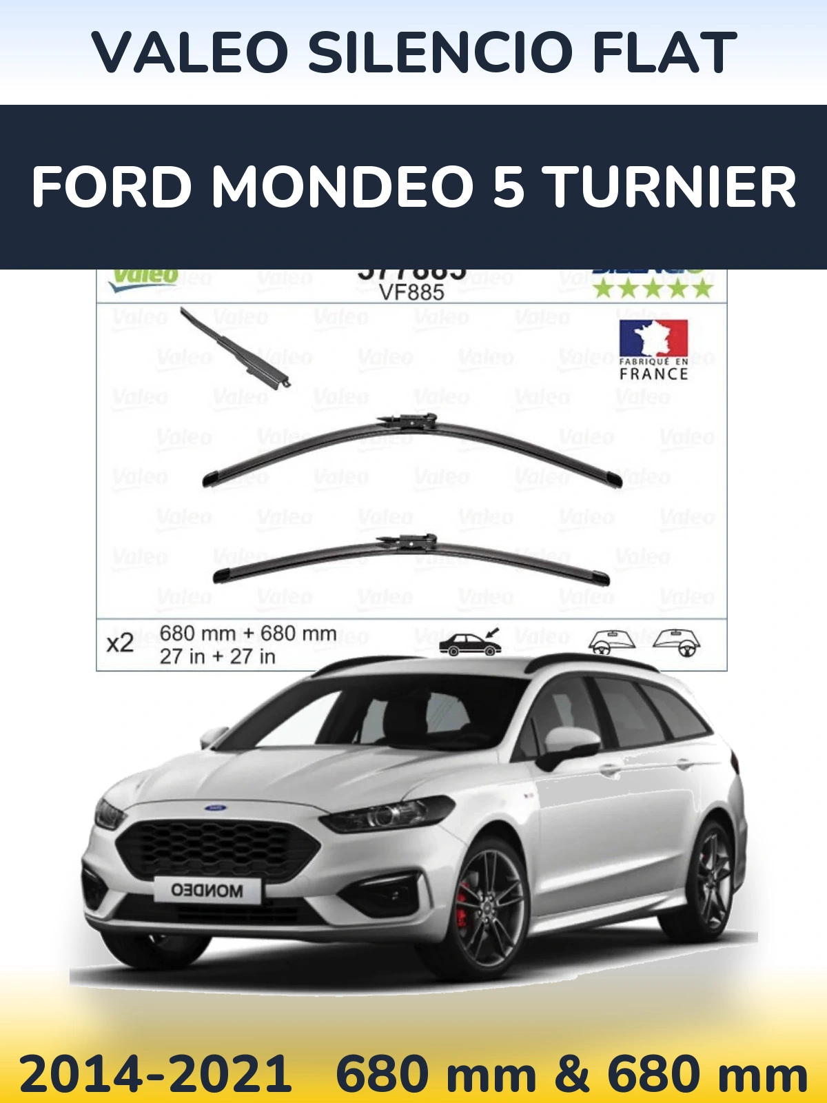 Front wiper blade set Valeo Silencio Flat 680 & 680 mm for Ford Mondeo 5 Turnier 2014-2021