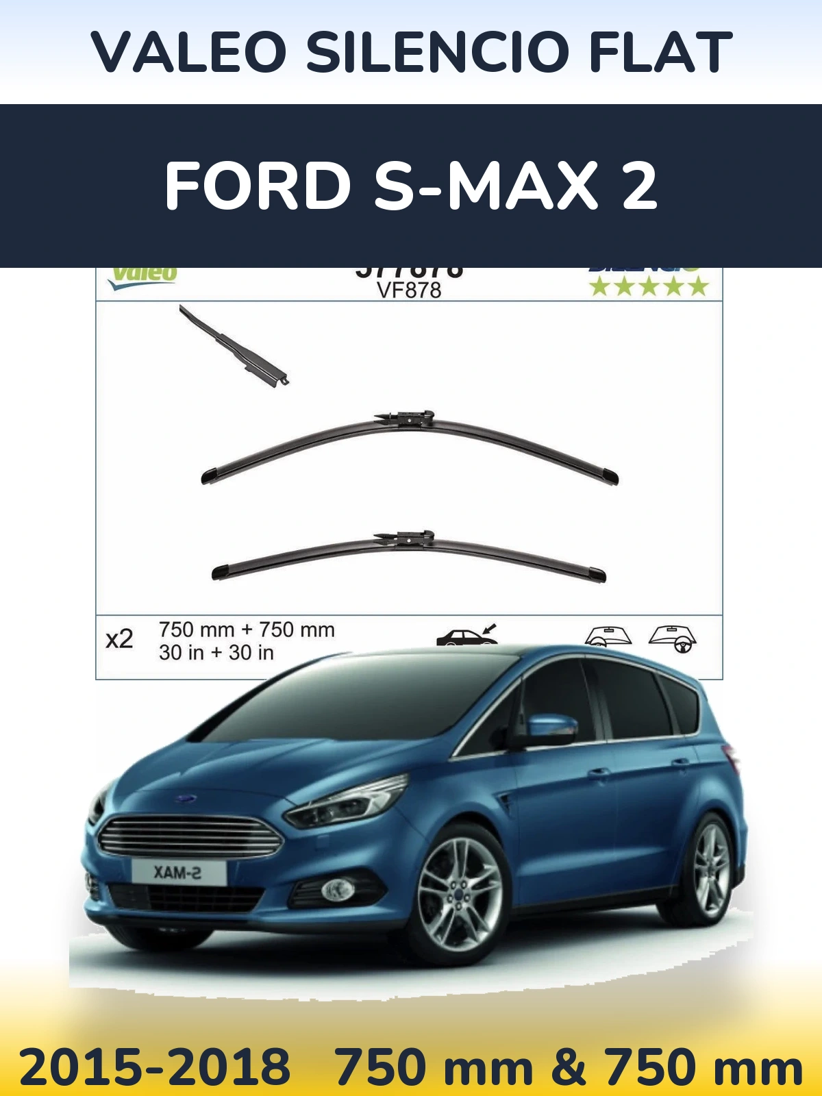 Front wiper blade set Valeo Silencio Flat 750 & 750 mm for Ford S-MAX 2 2015-2018